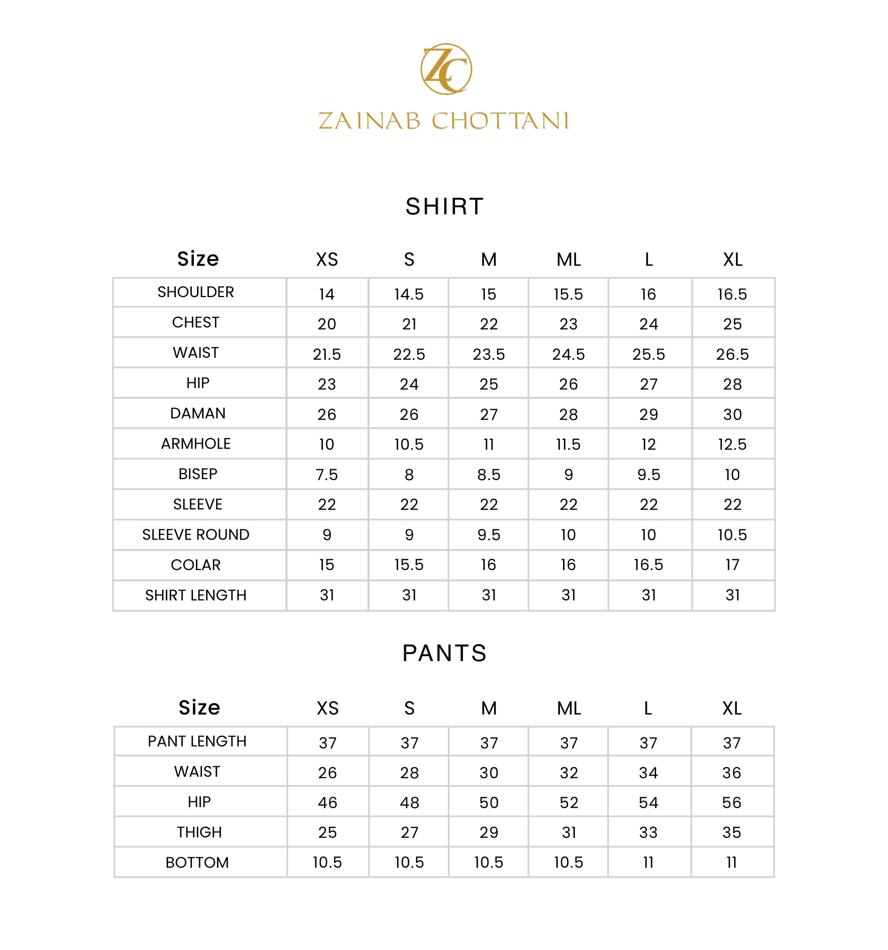 Zainab Chottani size guide