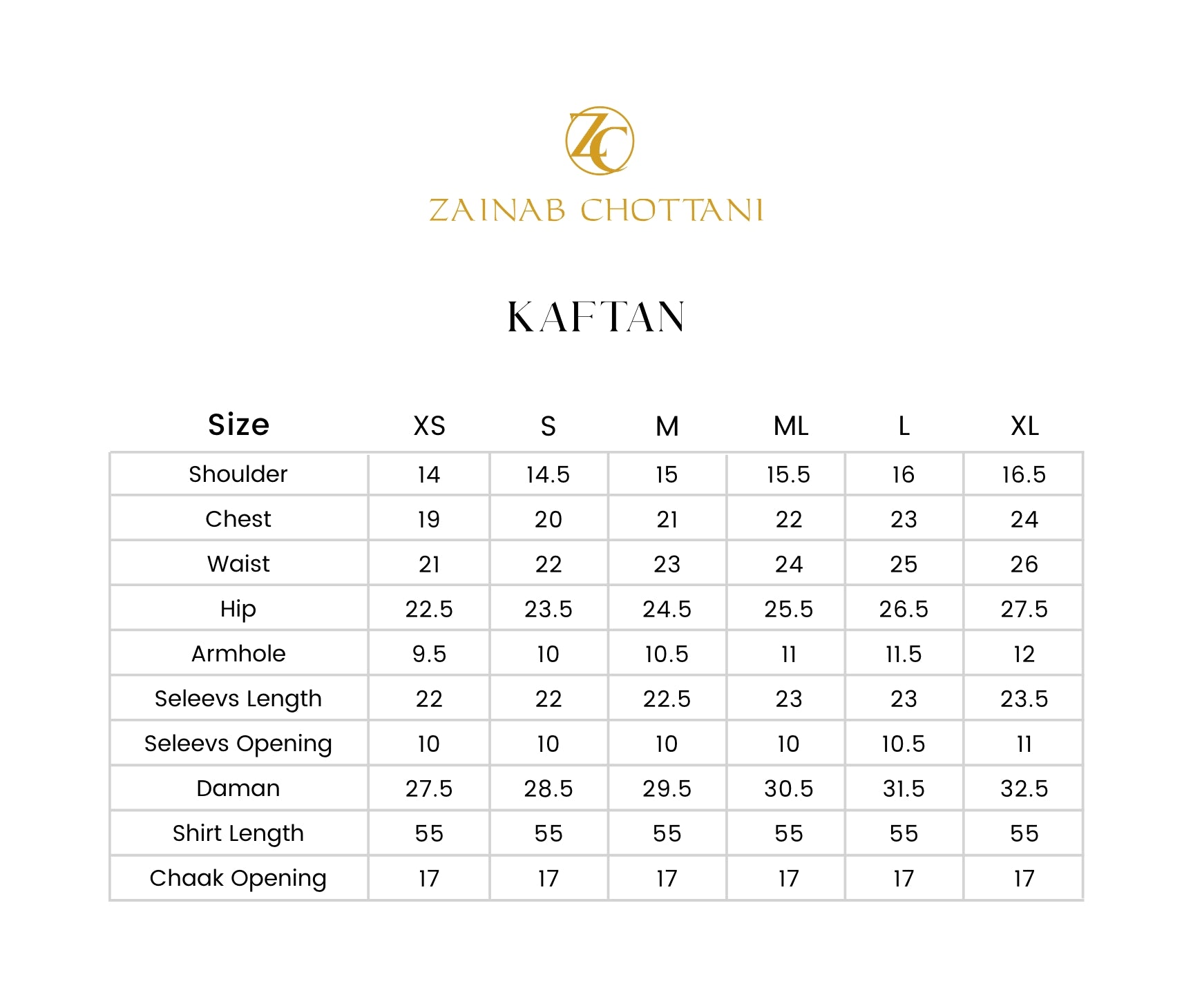 Zainab Chottani size guide