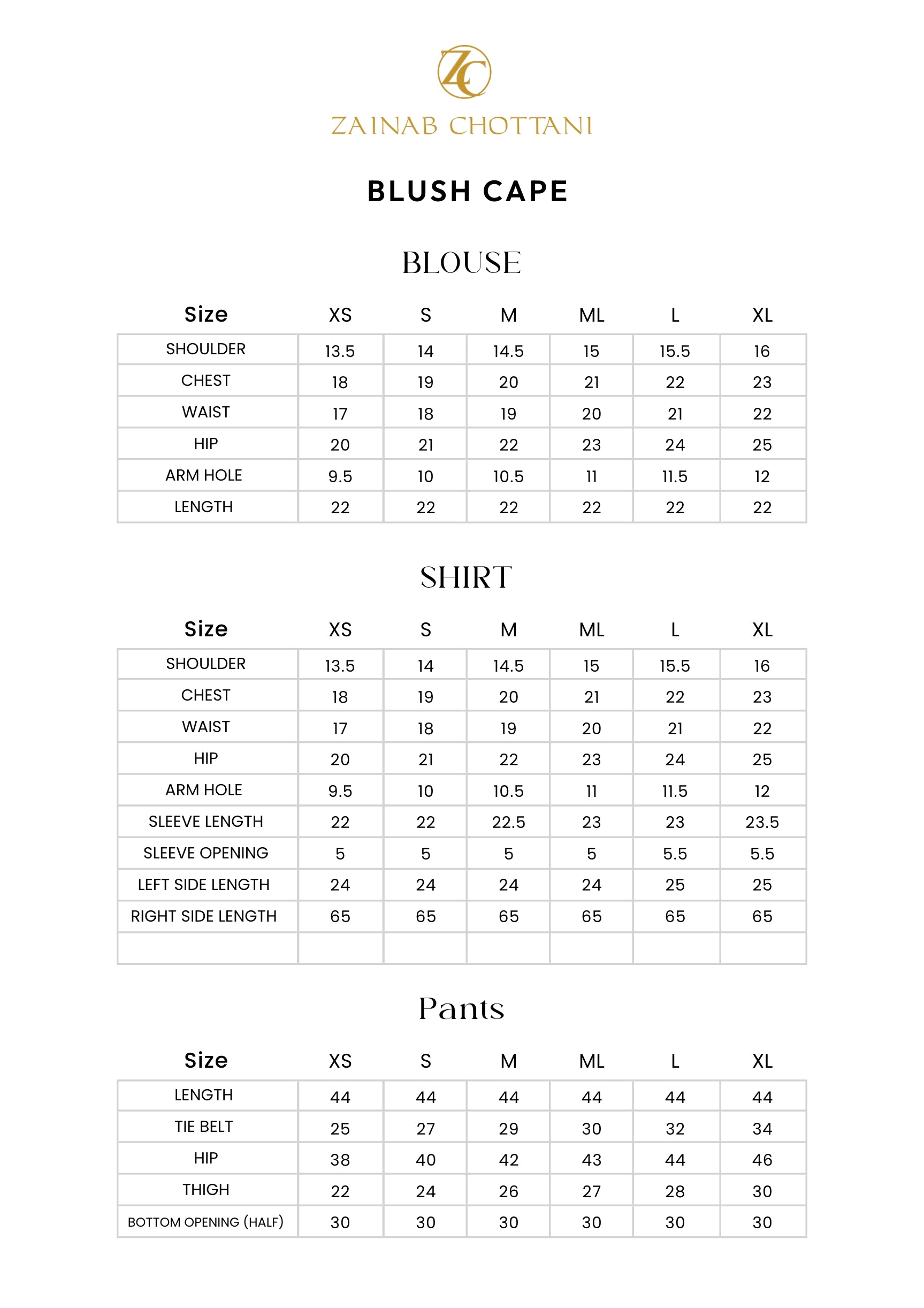 Zainab Chottani size guide