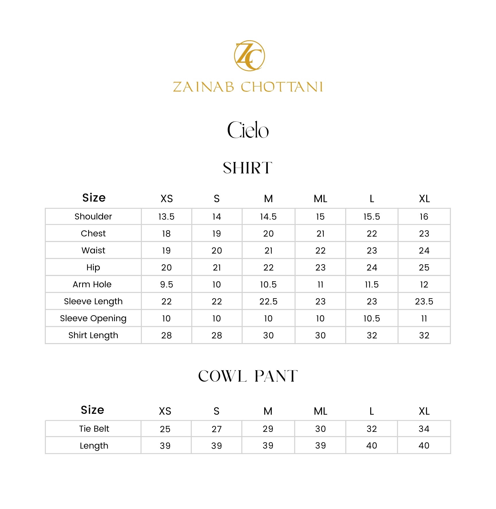Zainab Chottani size guide