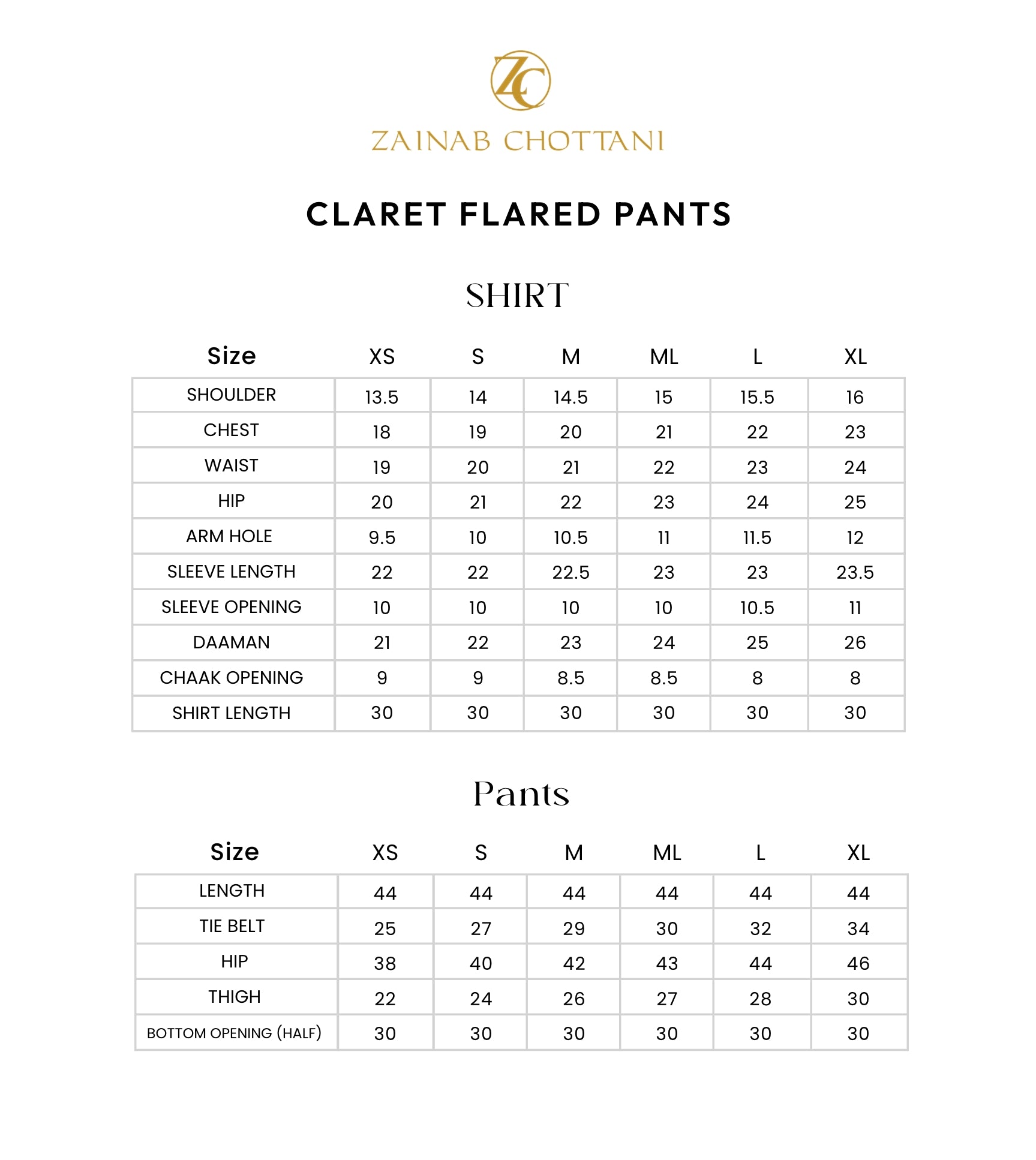 Zainab Chottani size guide