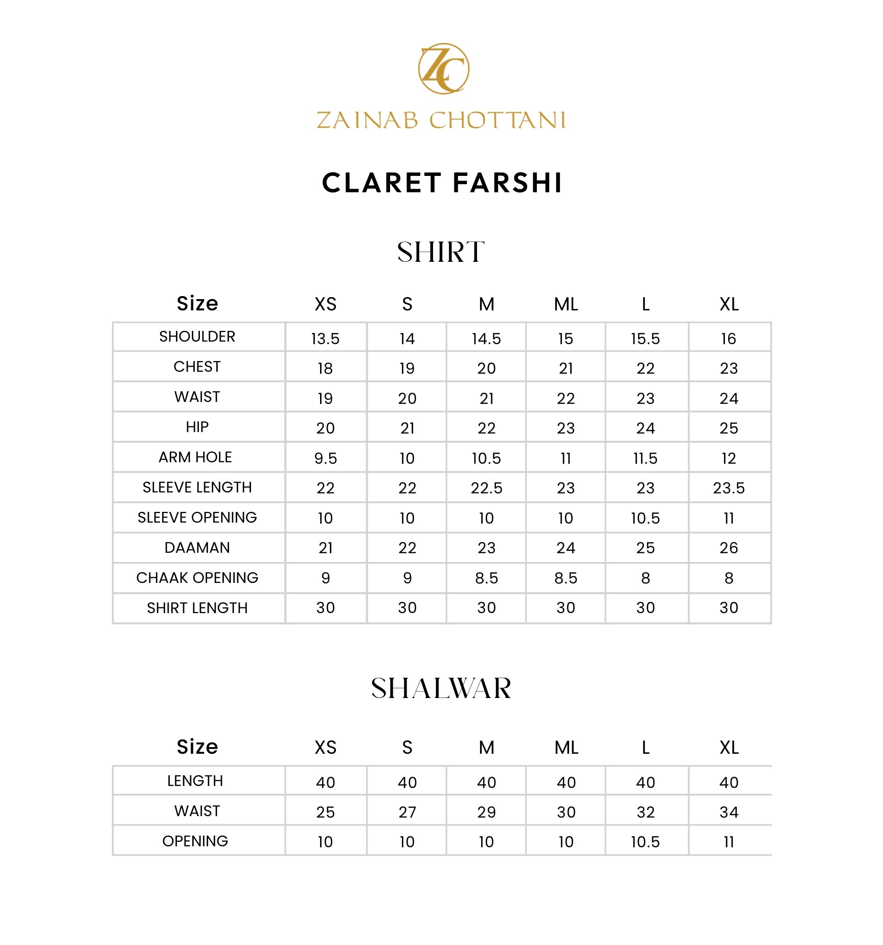 Zainab Chottani size guide