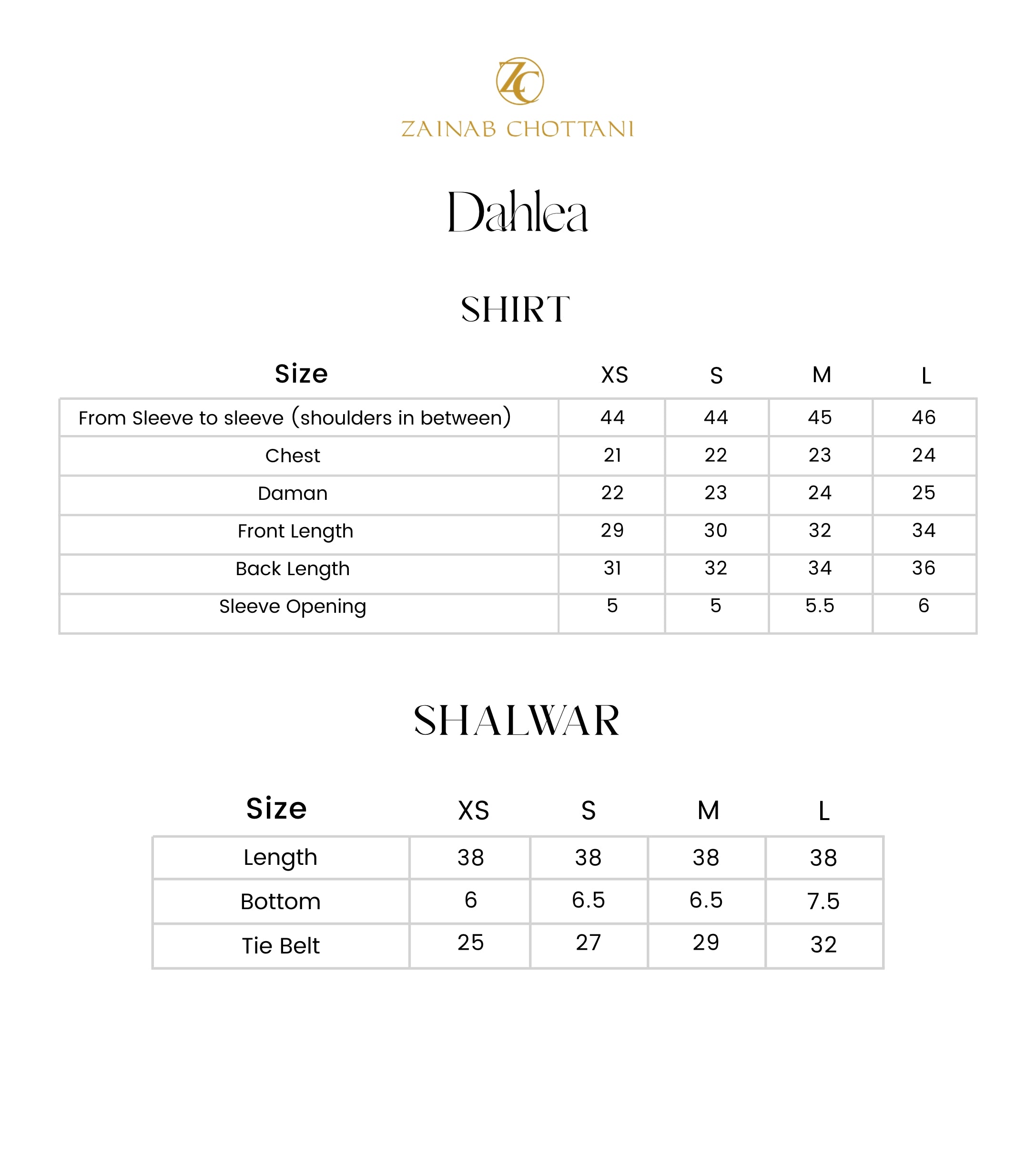 Zainab Chottani size guide