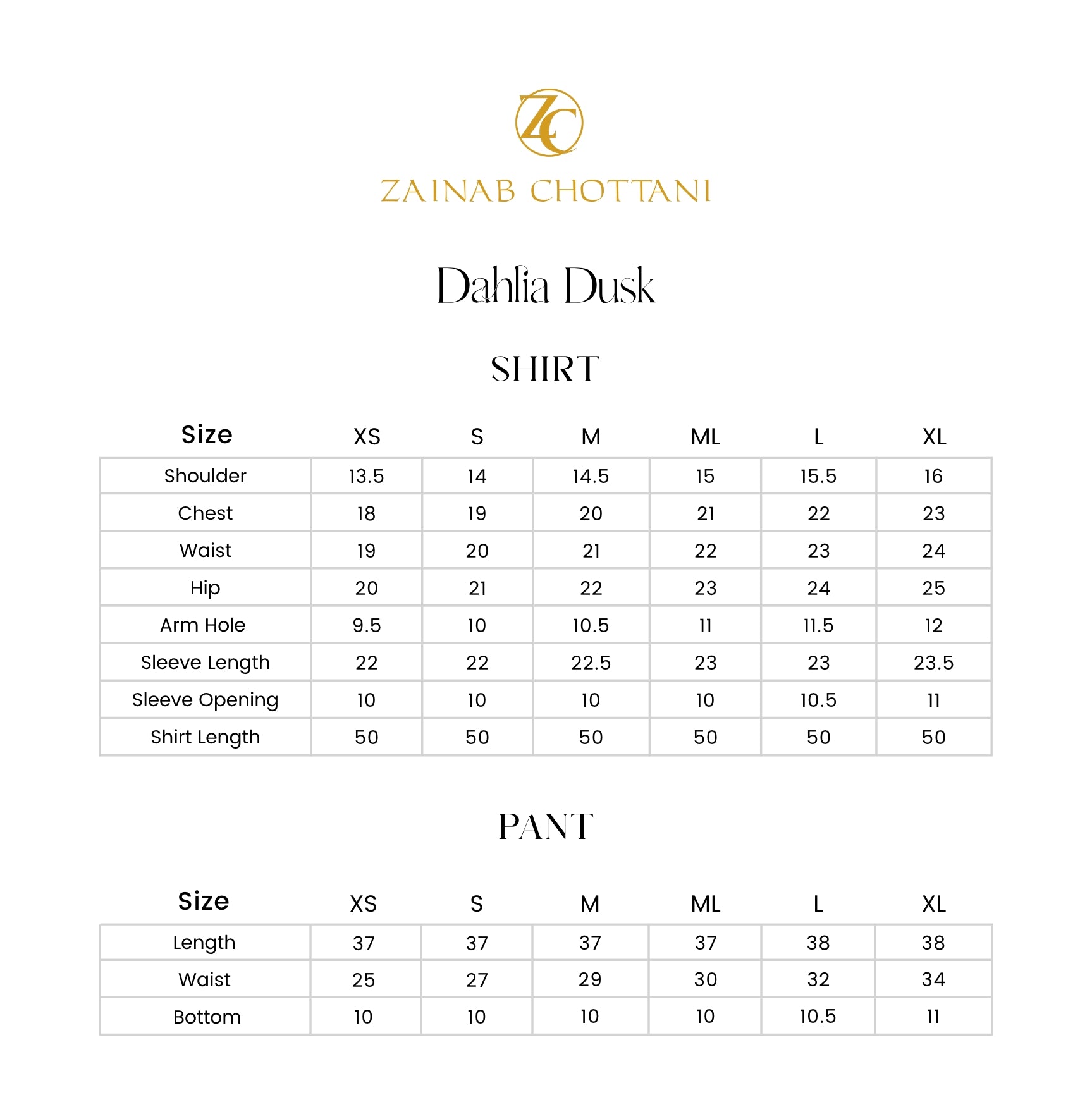 Zainab Chottani size guide