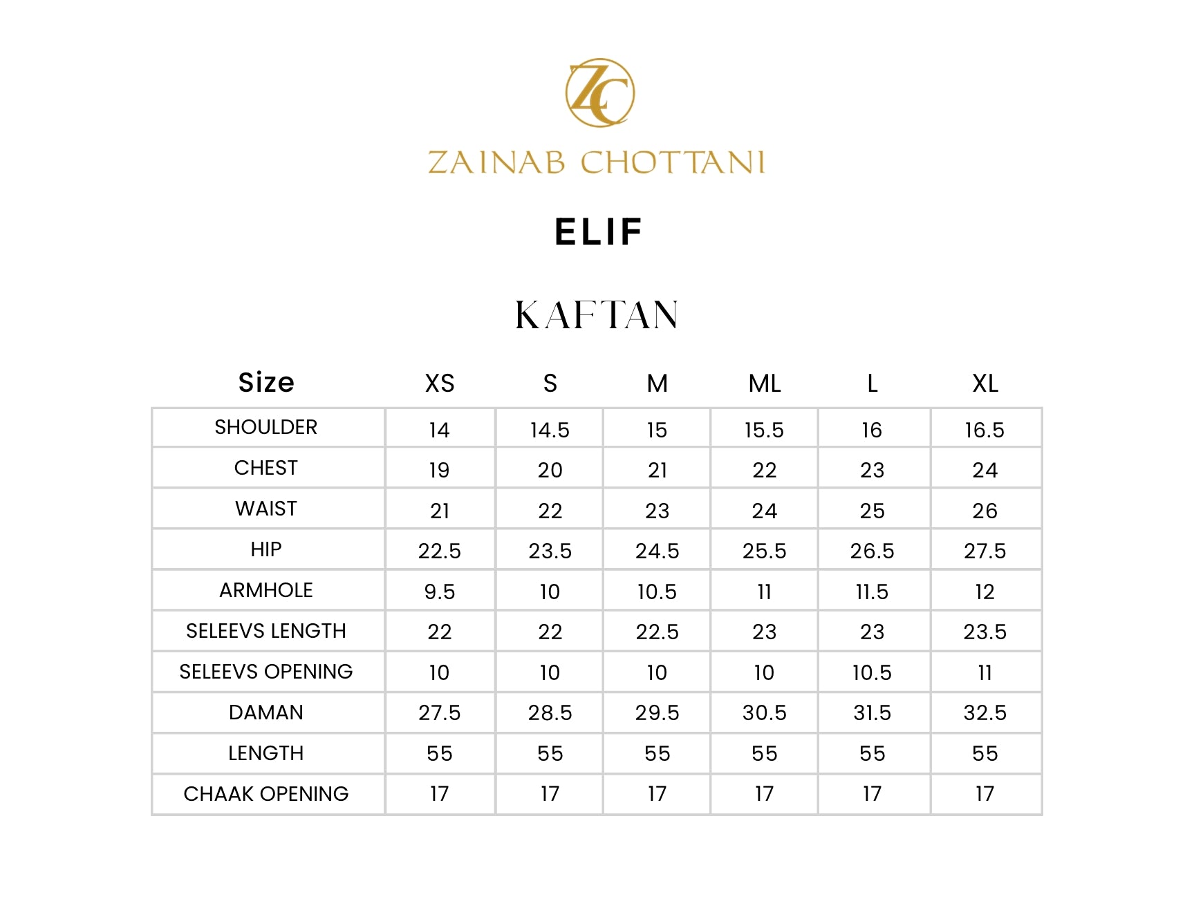 Zainab Chottani size guide