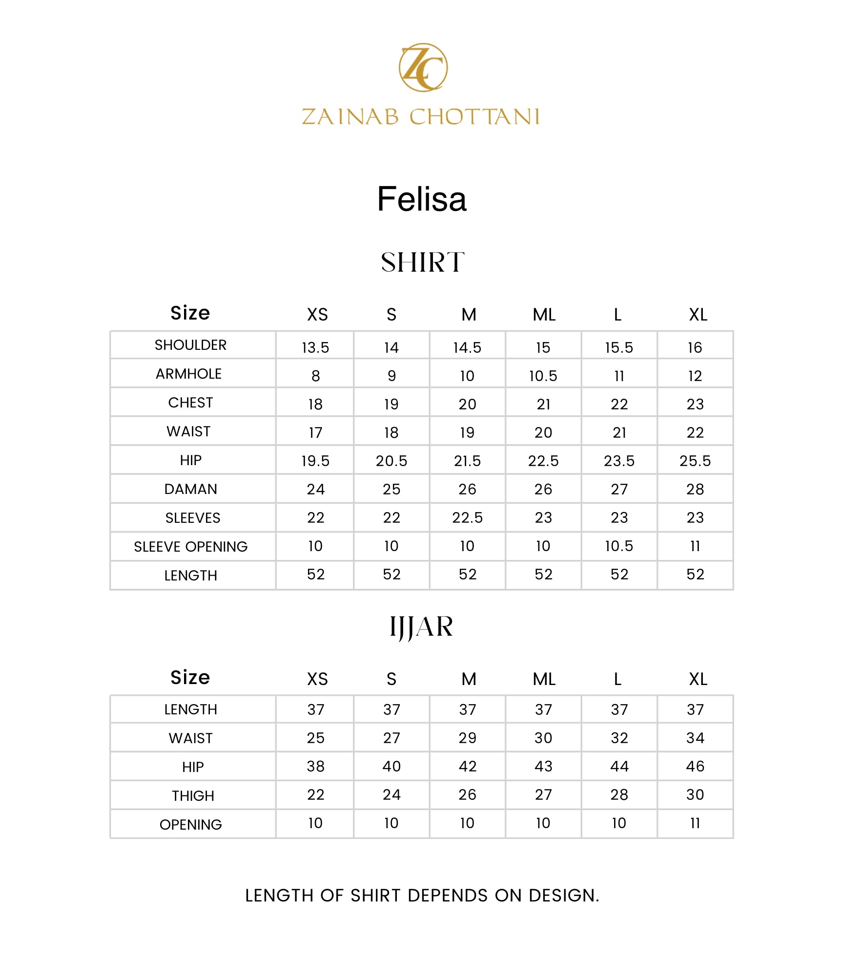 Zainab Chottani size guide