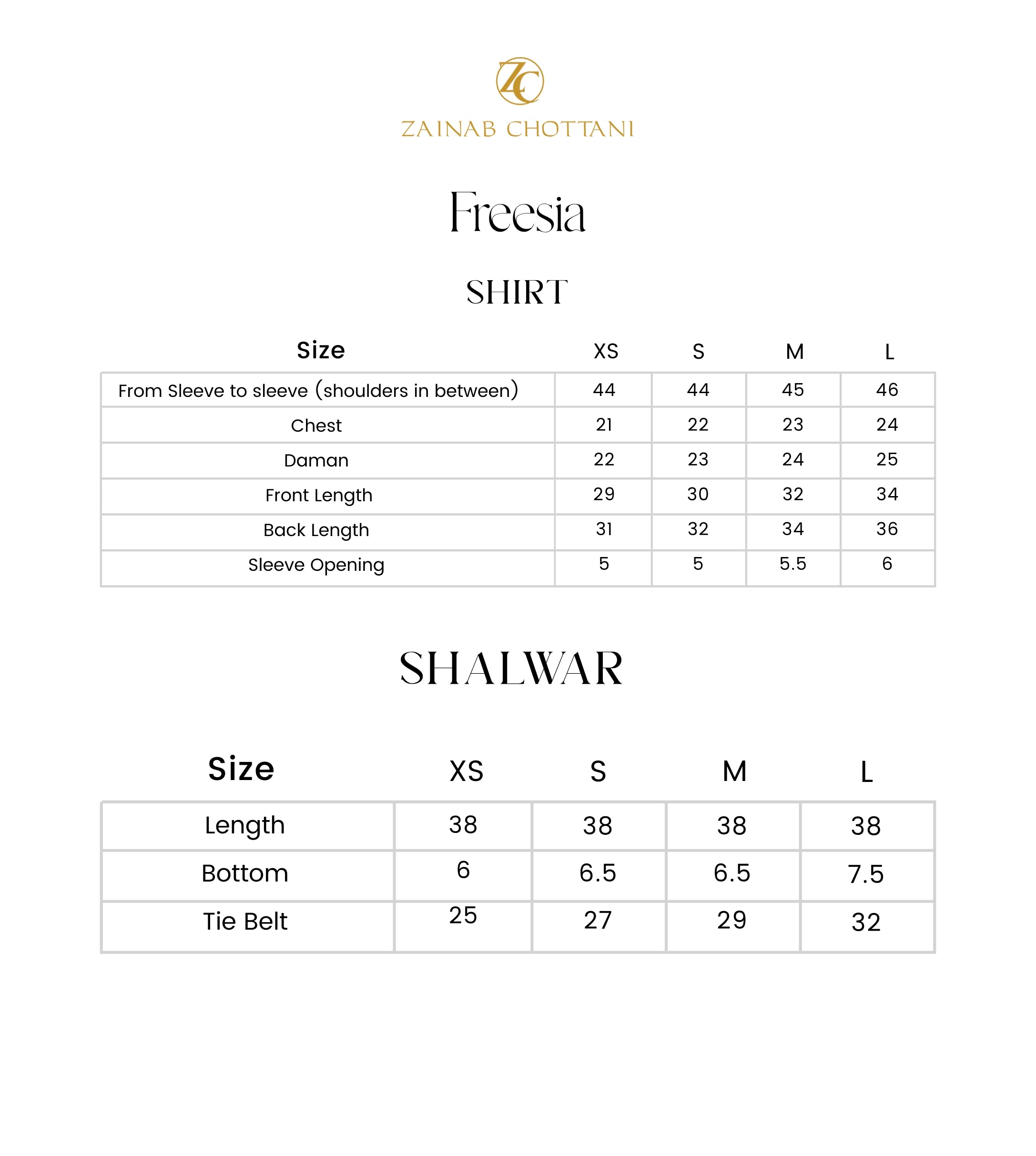 Zainab Chottani size guide