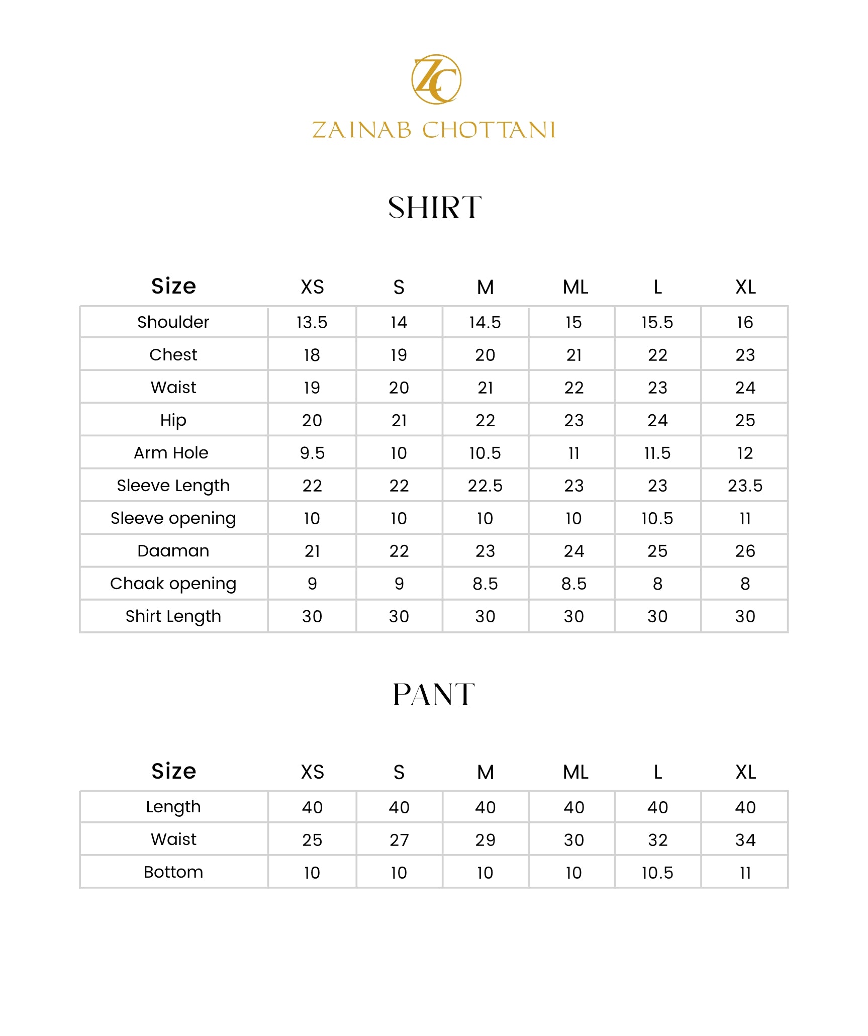 Zainab Chottani size guide