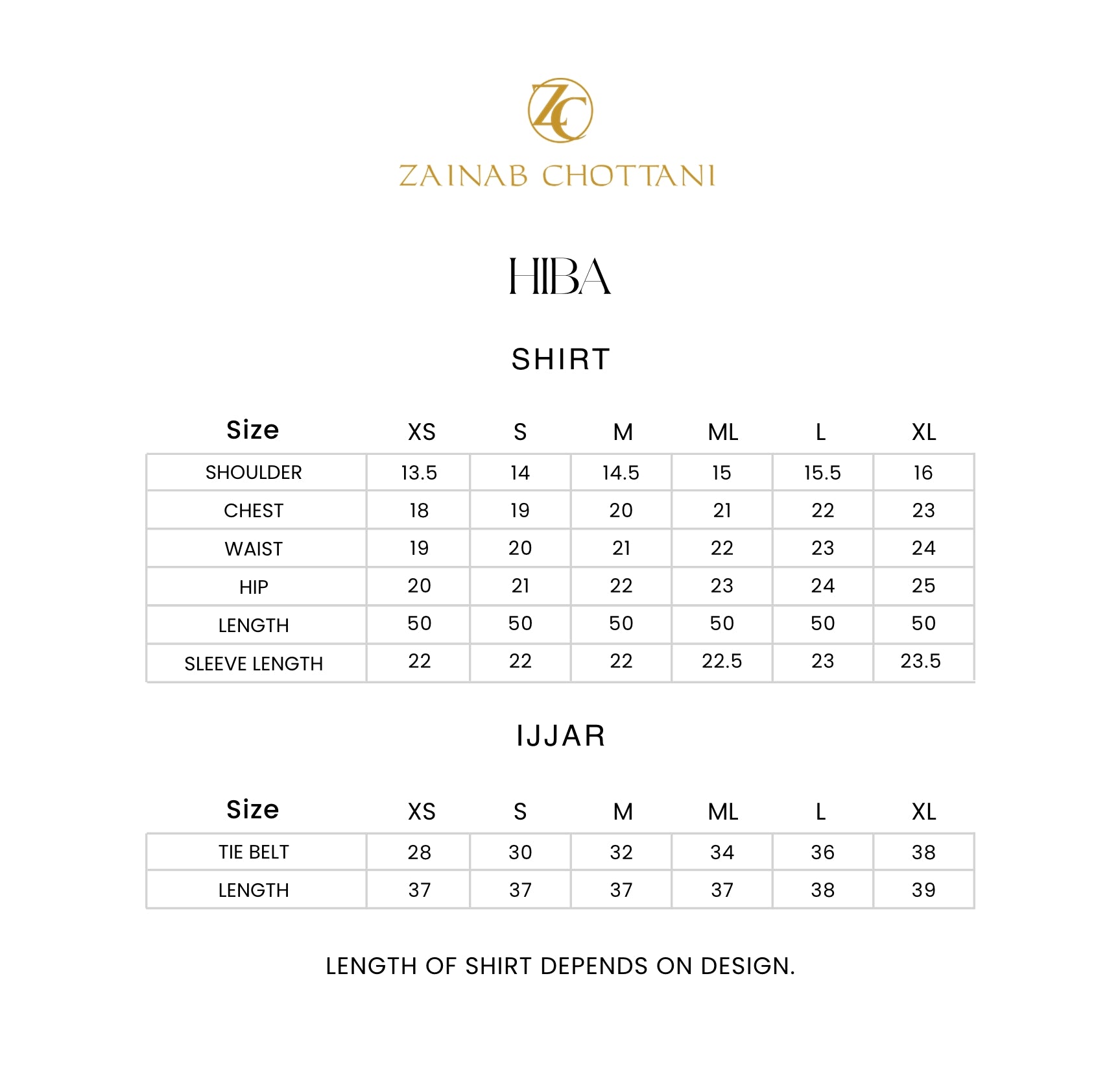 Zainab Chottani size guide