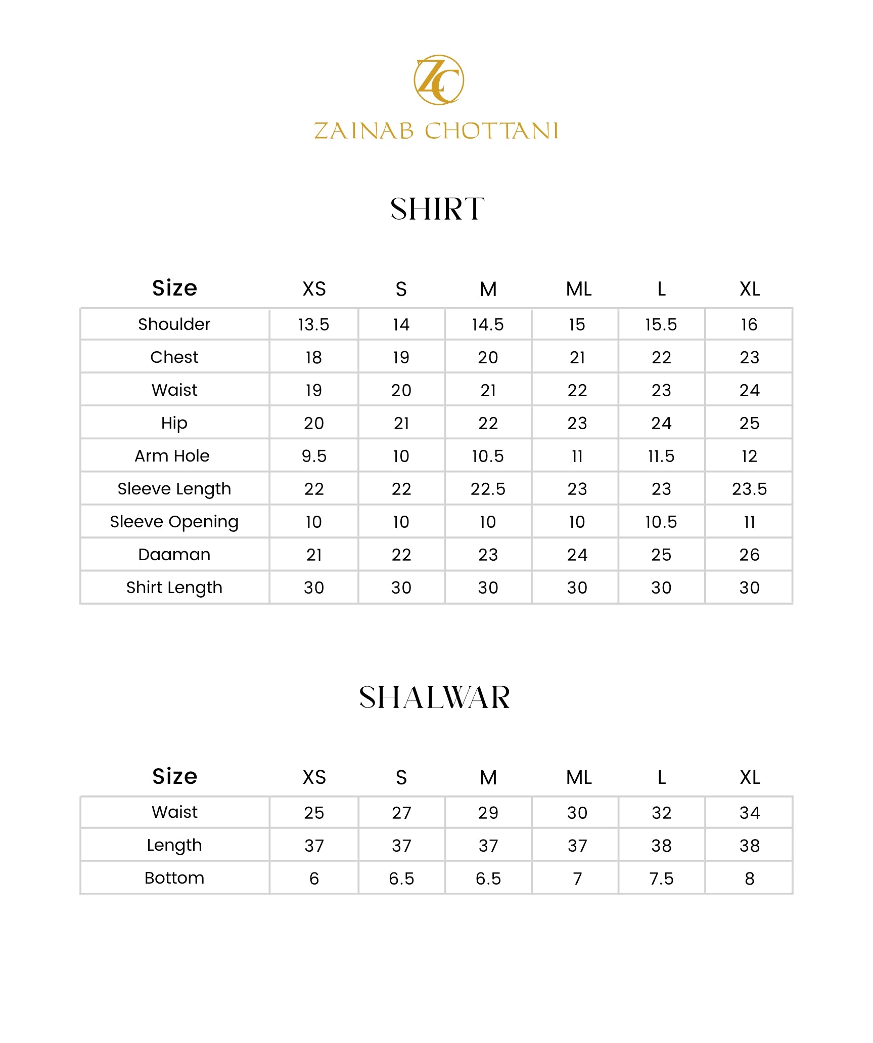 Zainab Chottani size guide