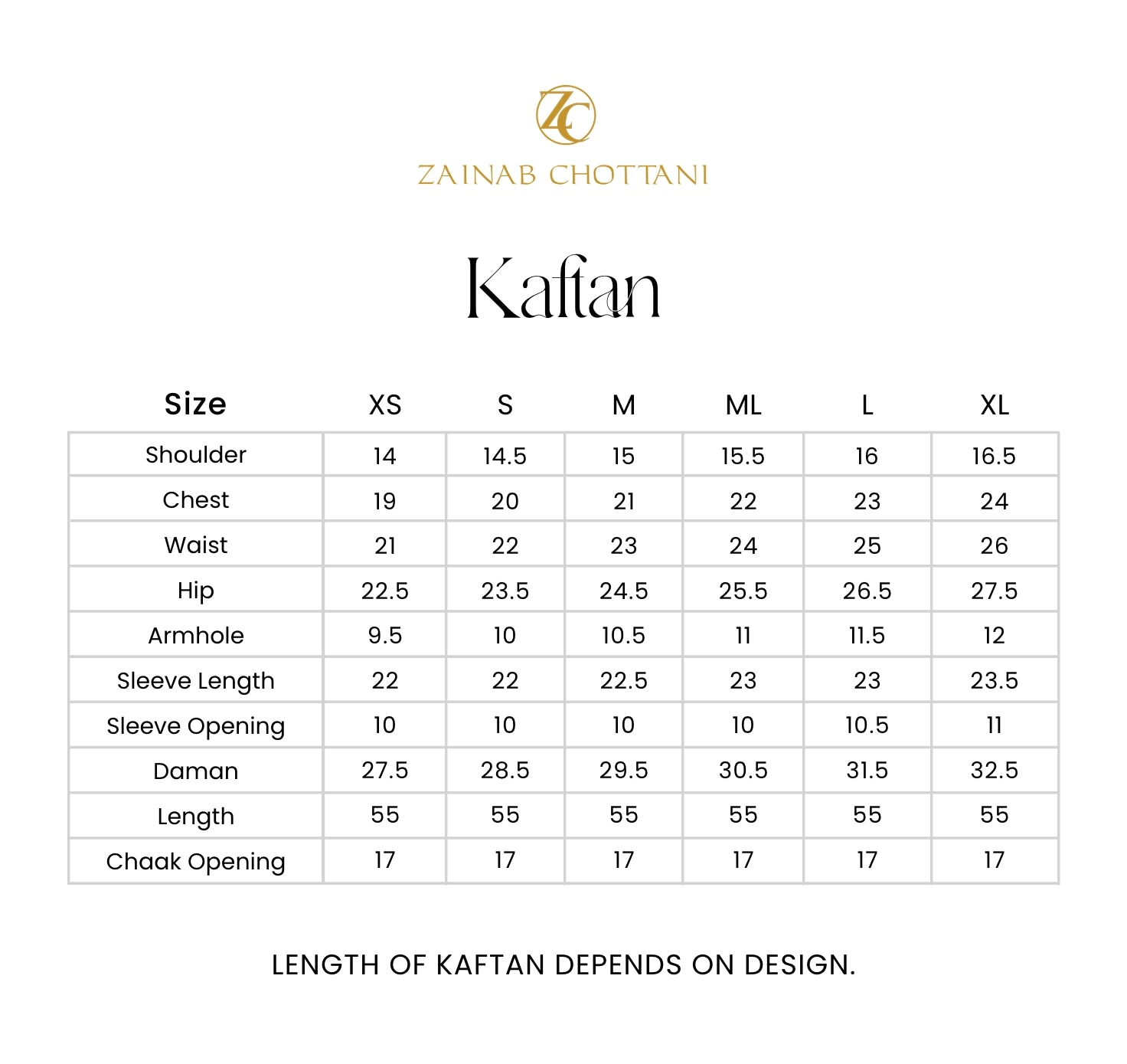Zainab Chottani size guide