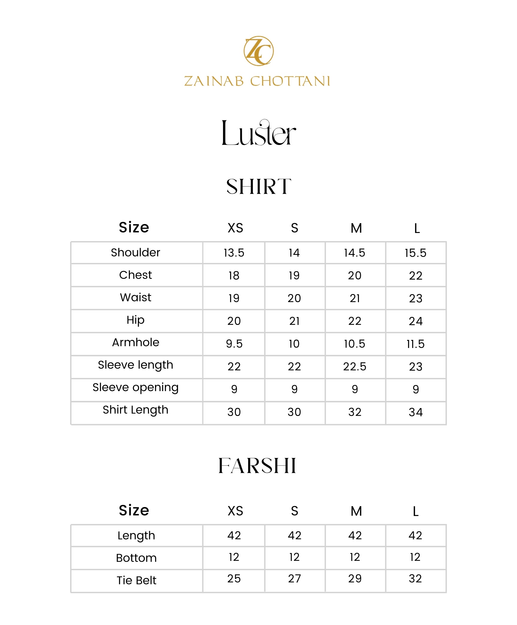 Zainab Chottani size guide
