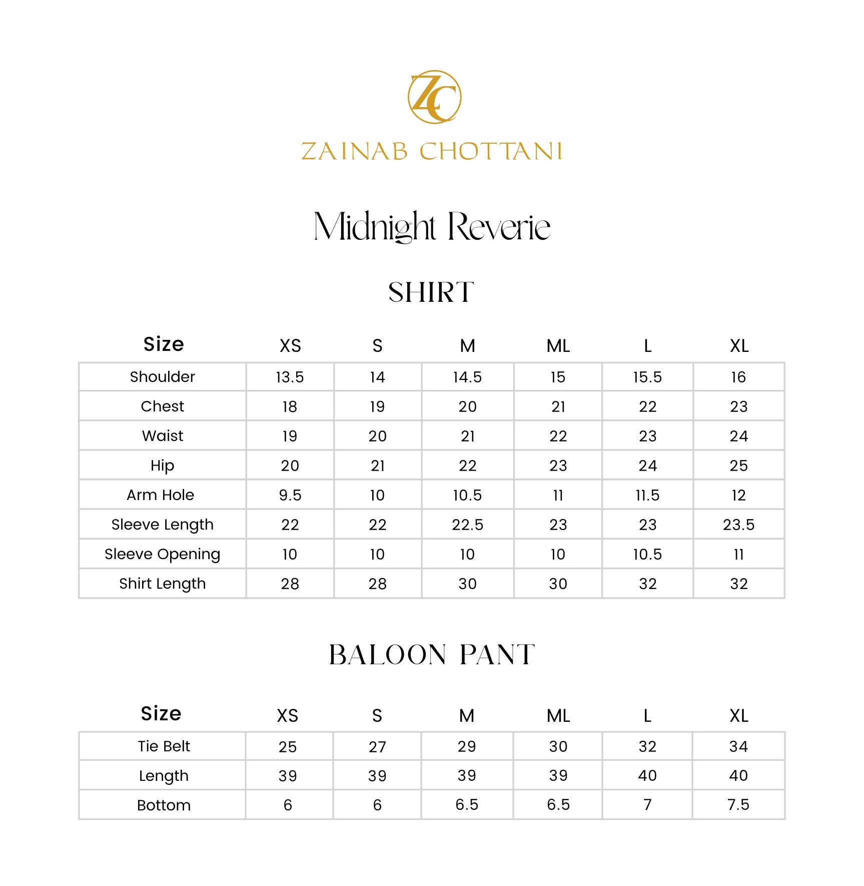 Zainab Chottani size guide