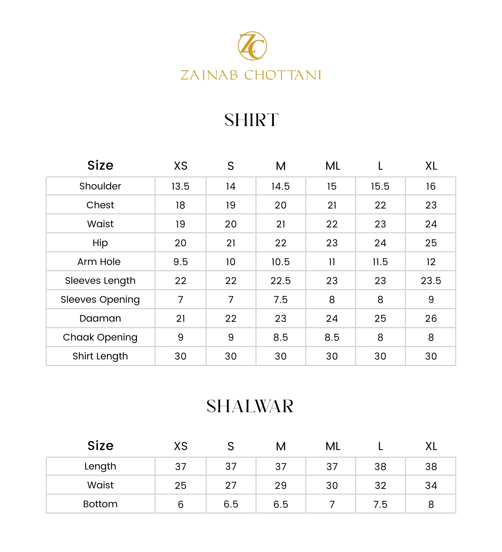 Zainab Chottani size guide