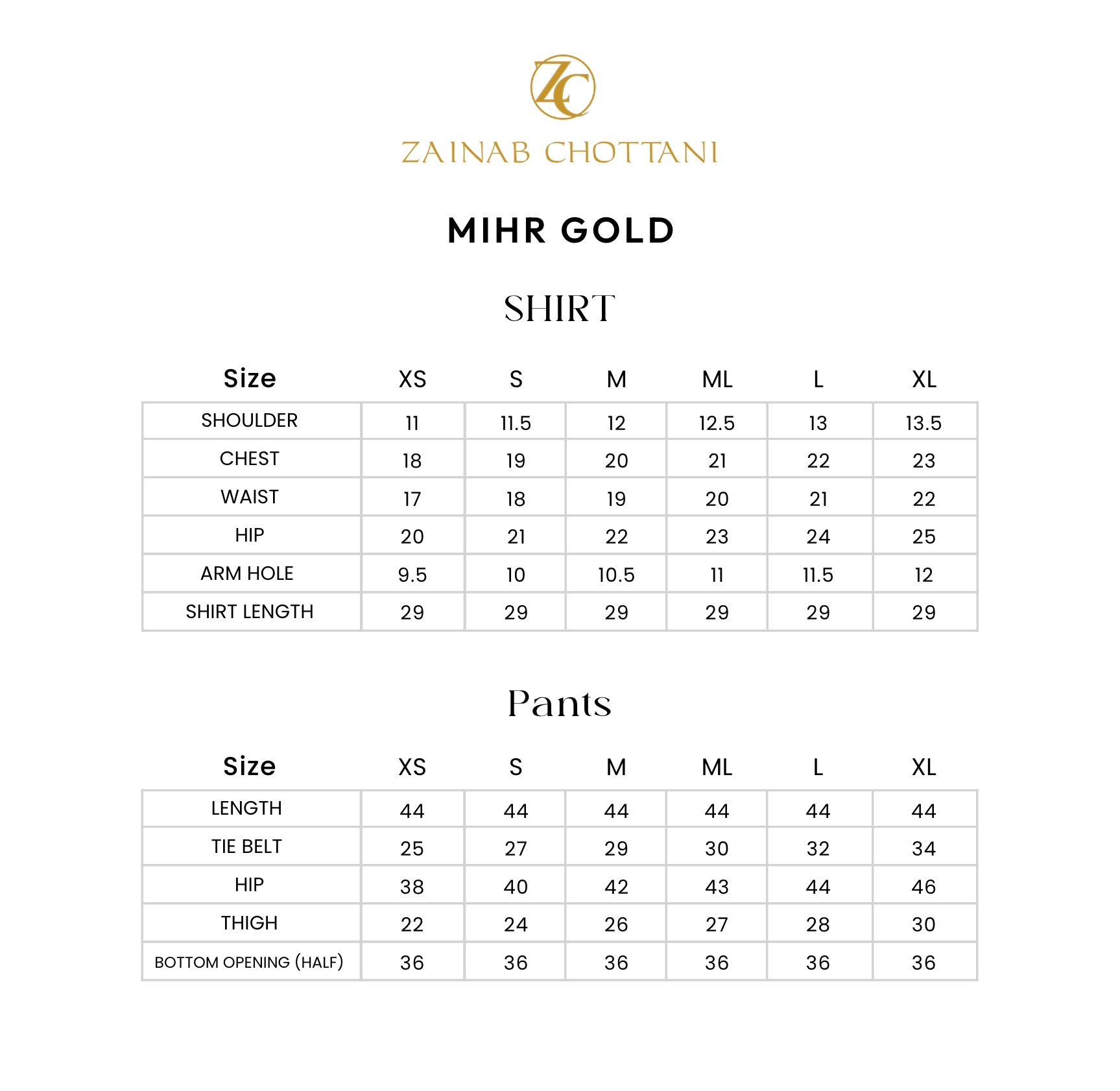 Zainab Chottani size guide