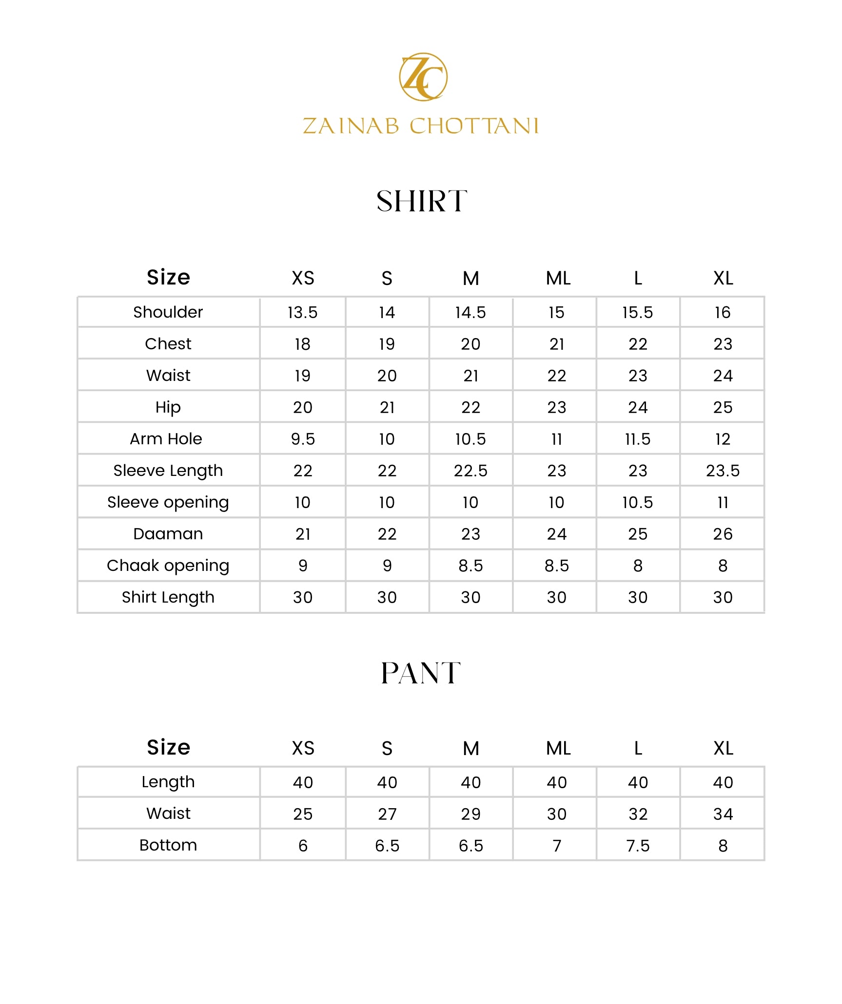 Zainab Chottani size guide