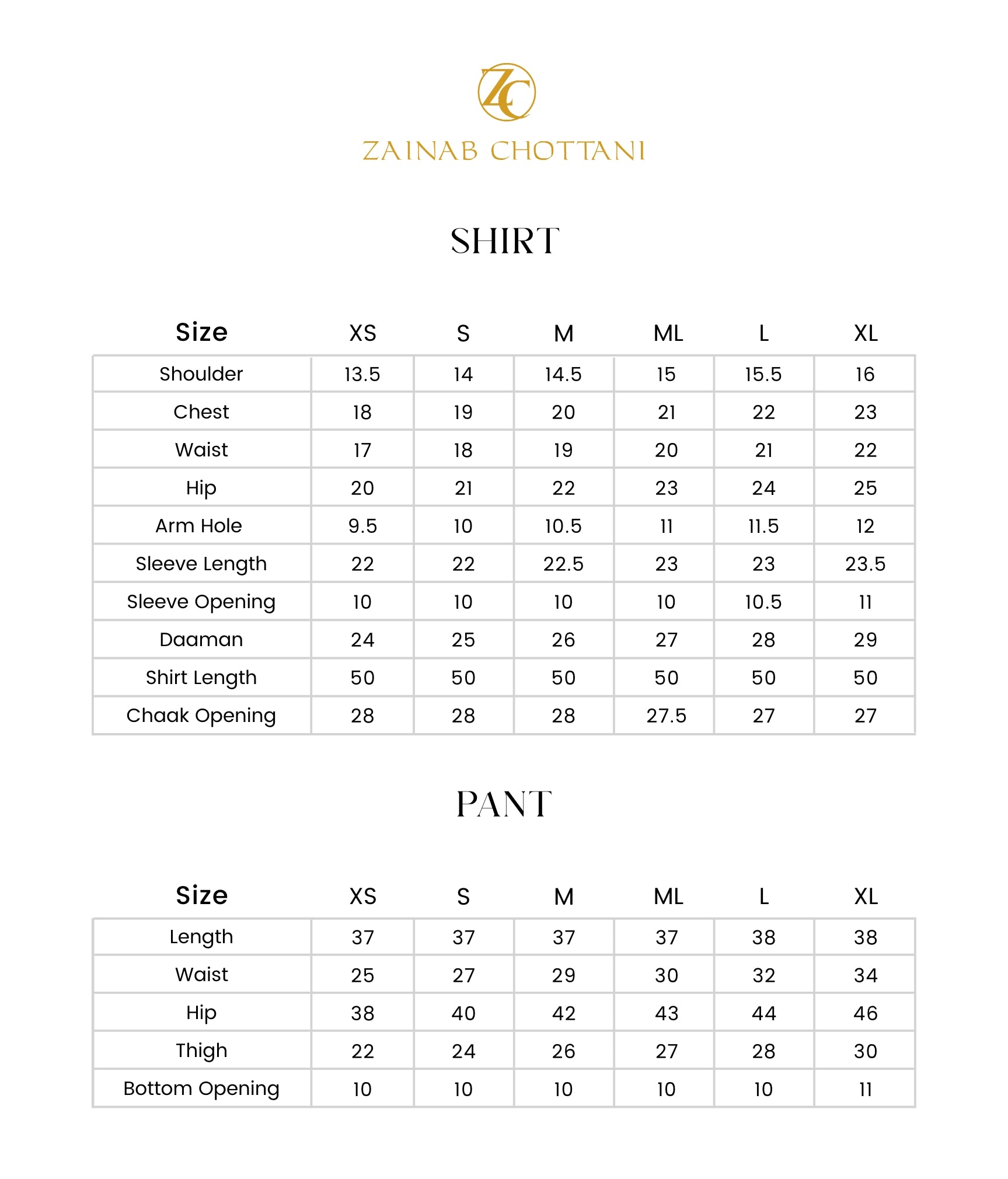 Zainab Chottani size guide