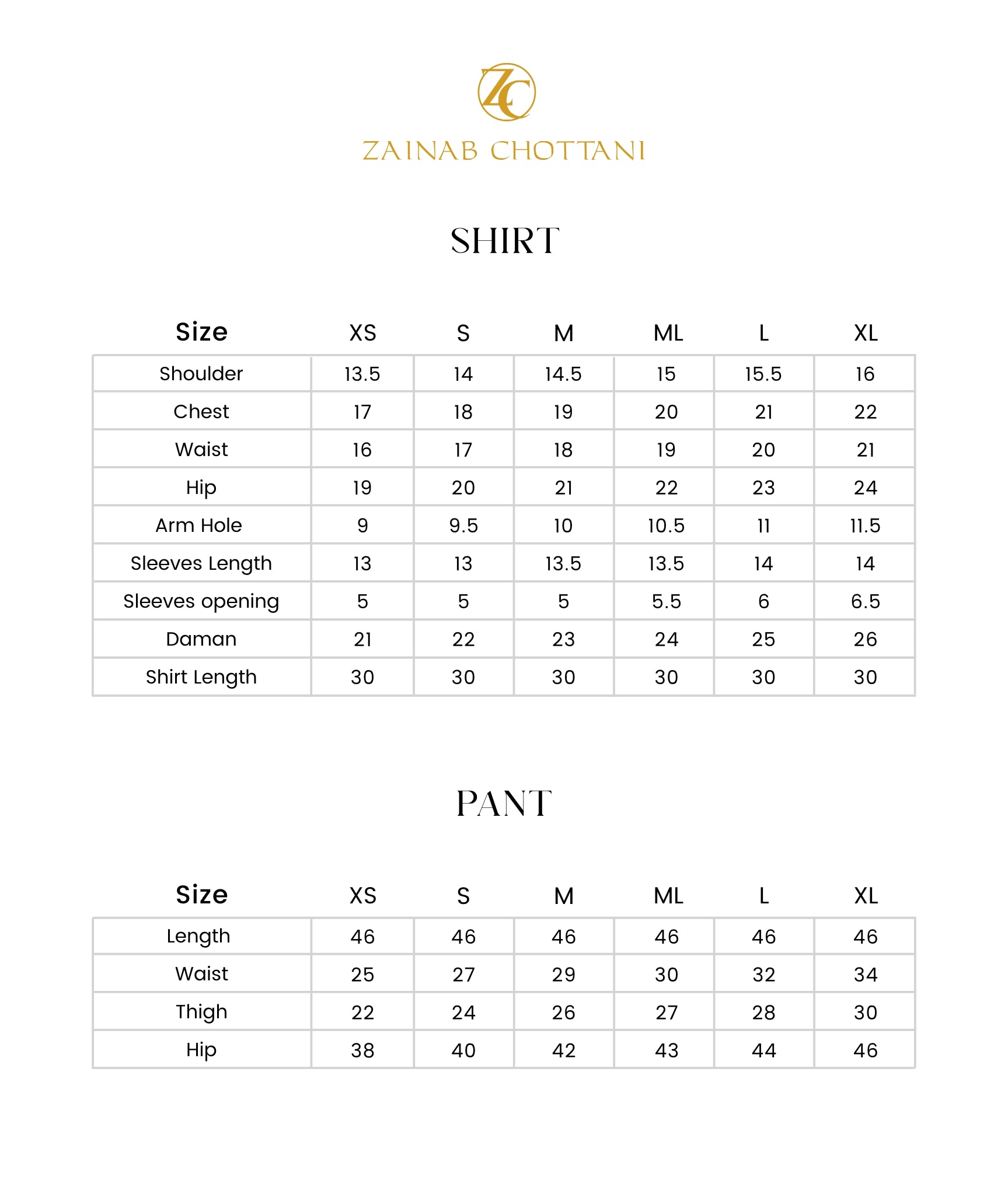 Zainab Chottani size guide