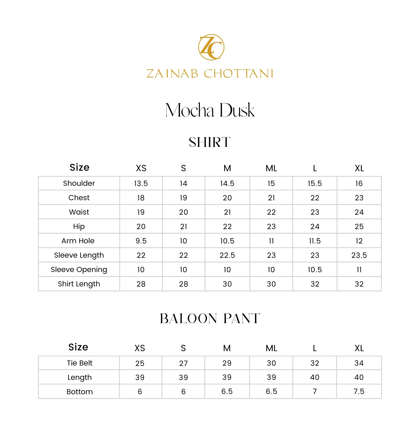 Zainab Chottani size guide