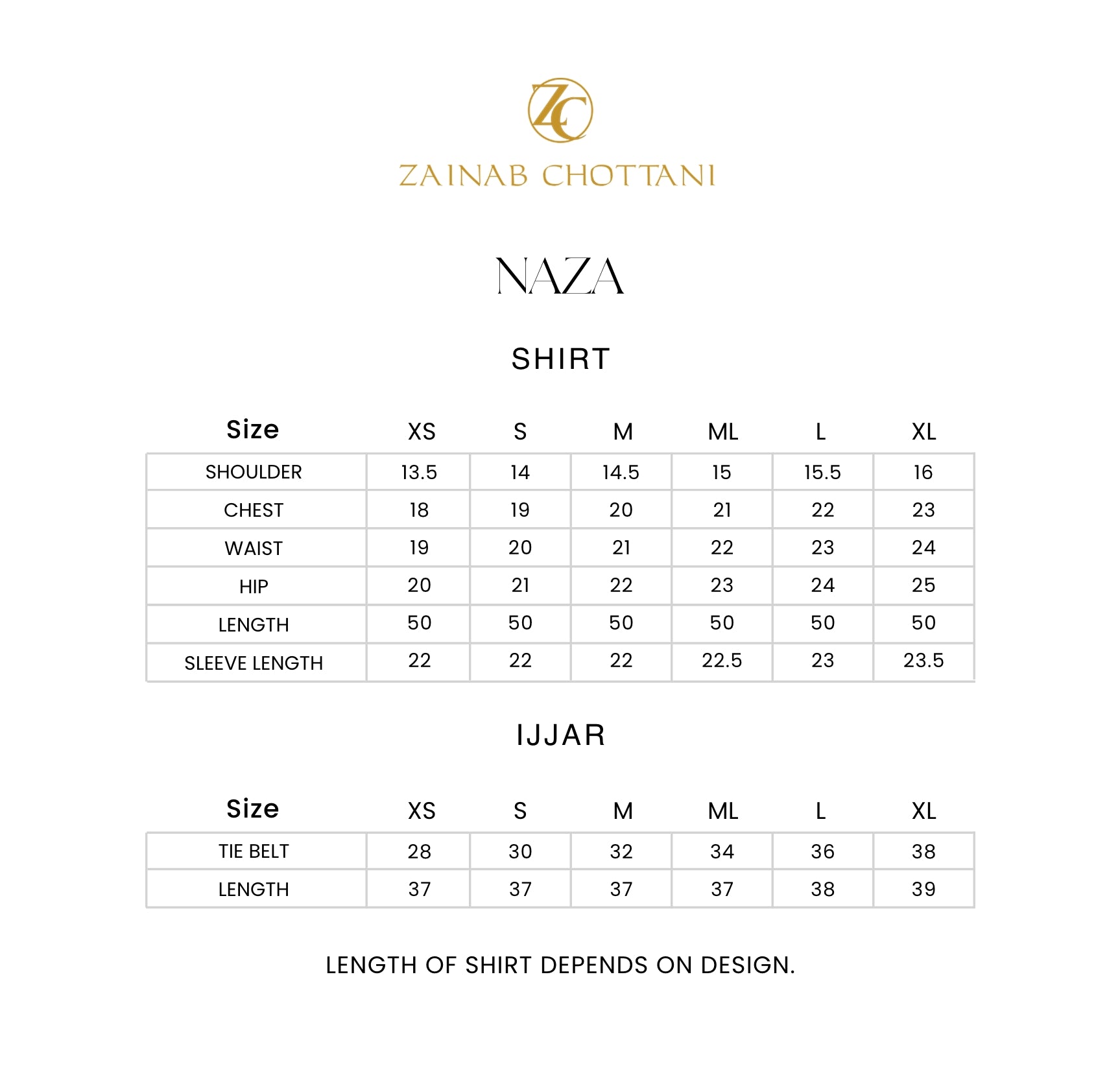 Zainab Chottani size guide