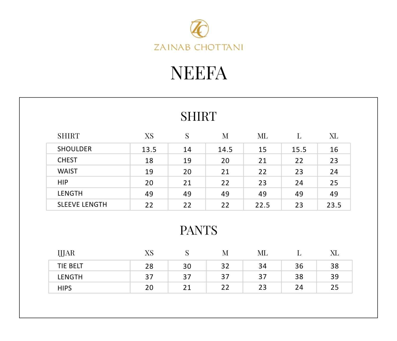 Zainab Chottani size guide