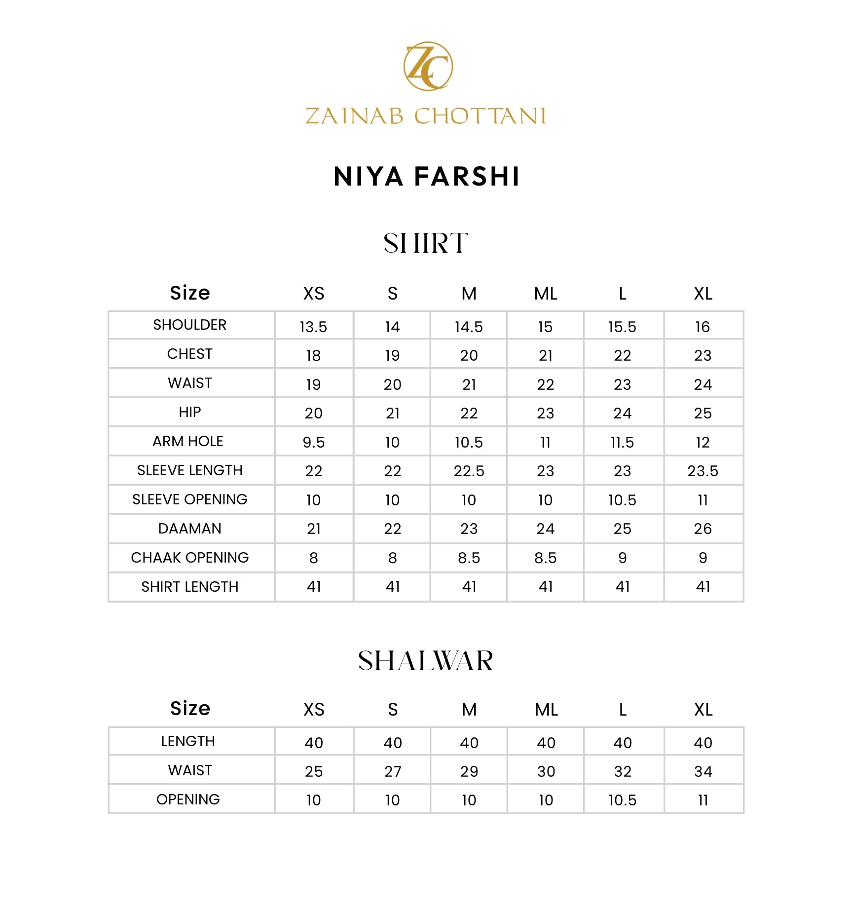 Zainab Chottani size guide