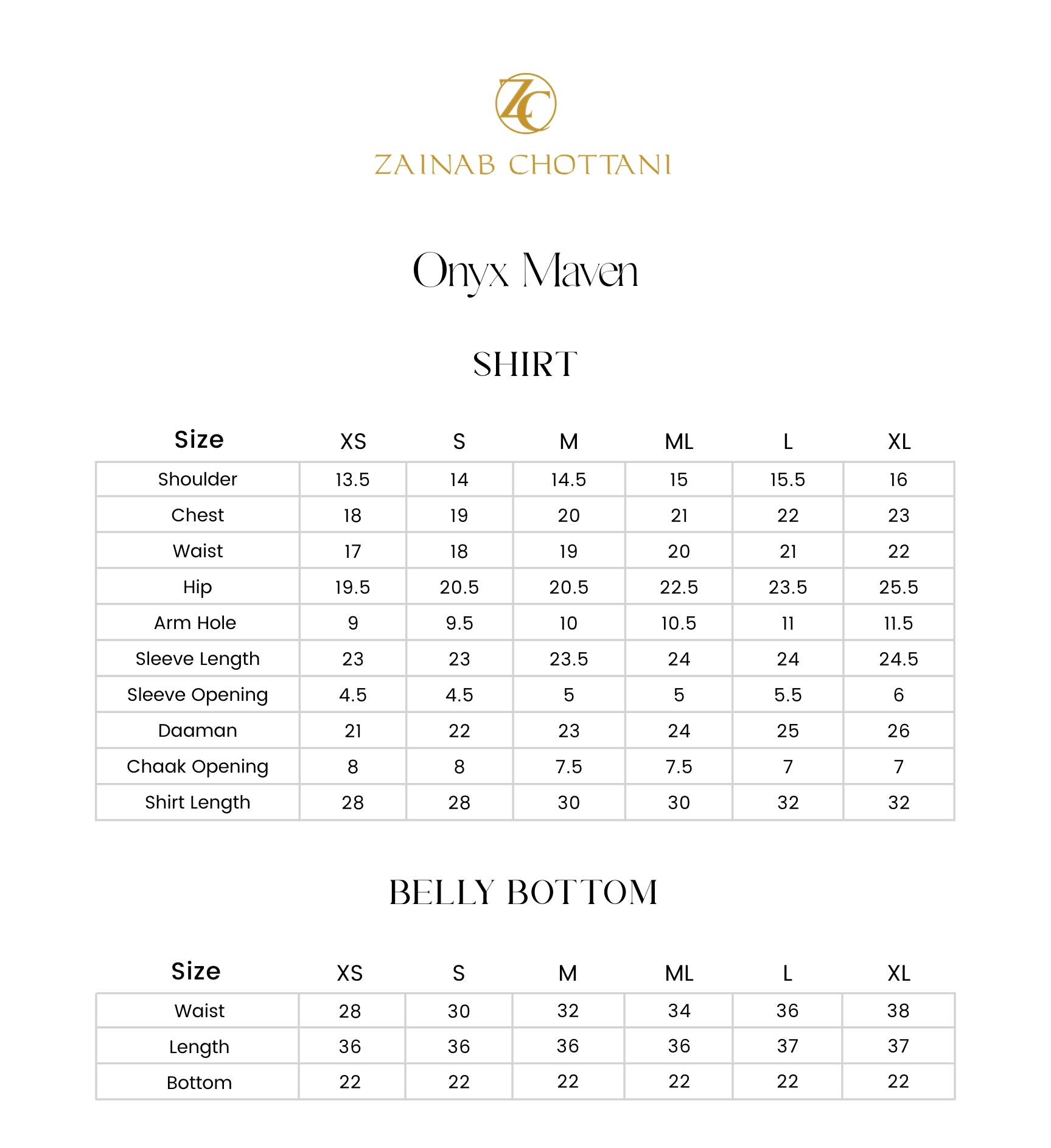 Zainab Chottani size guide