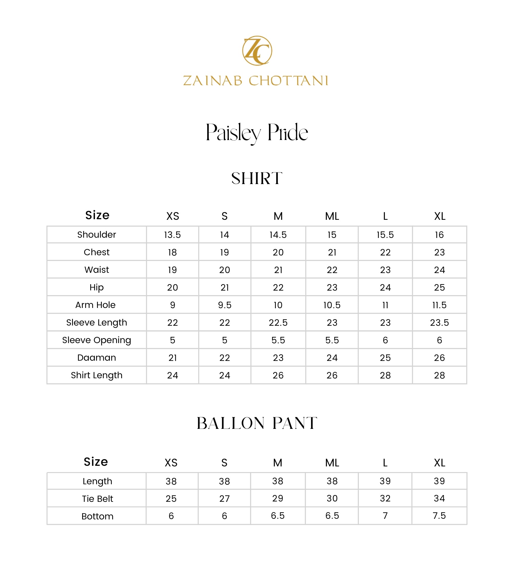 Zainab Chottani size guide