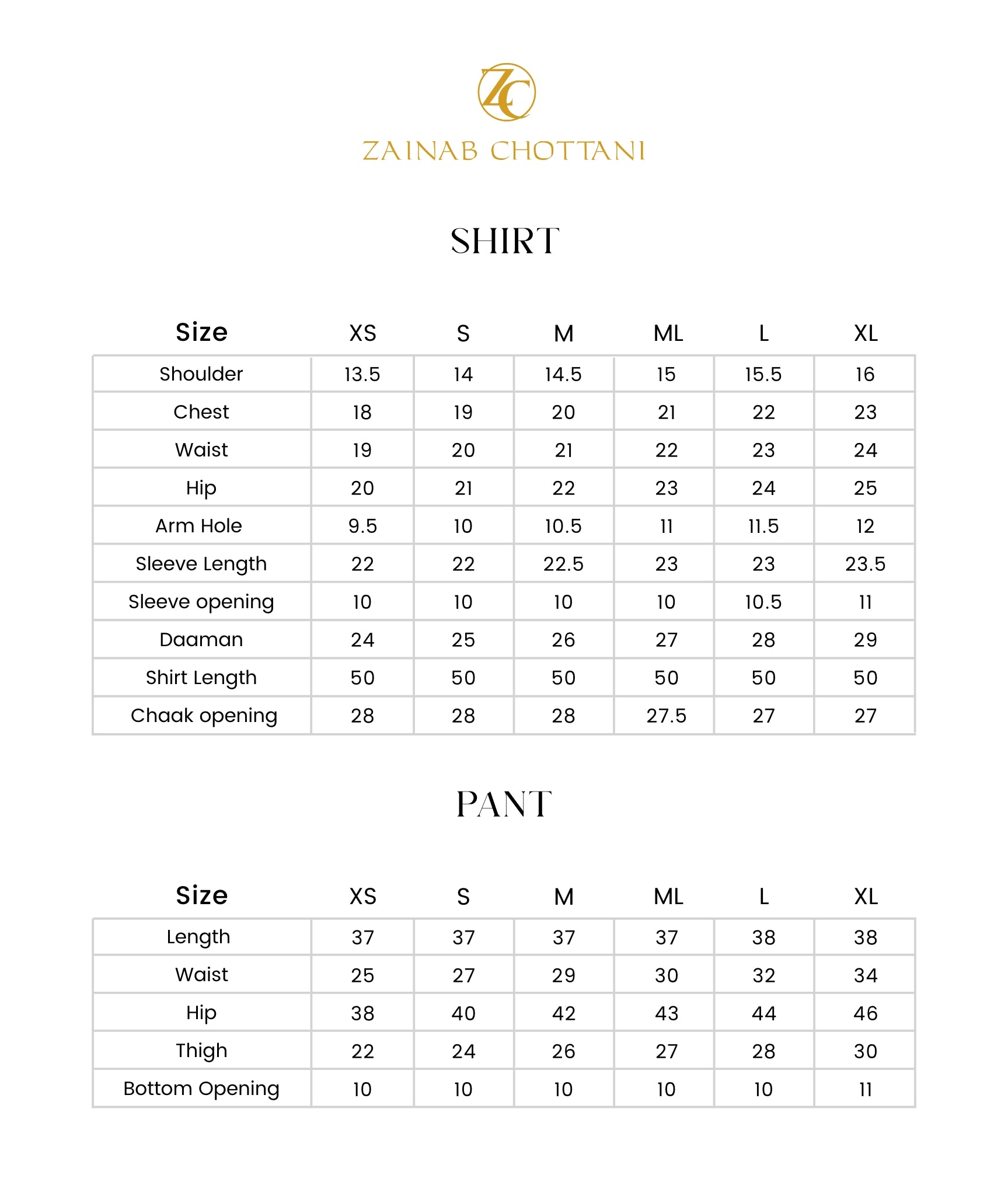 Zainab Chottani size guide
