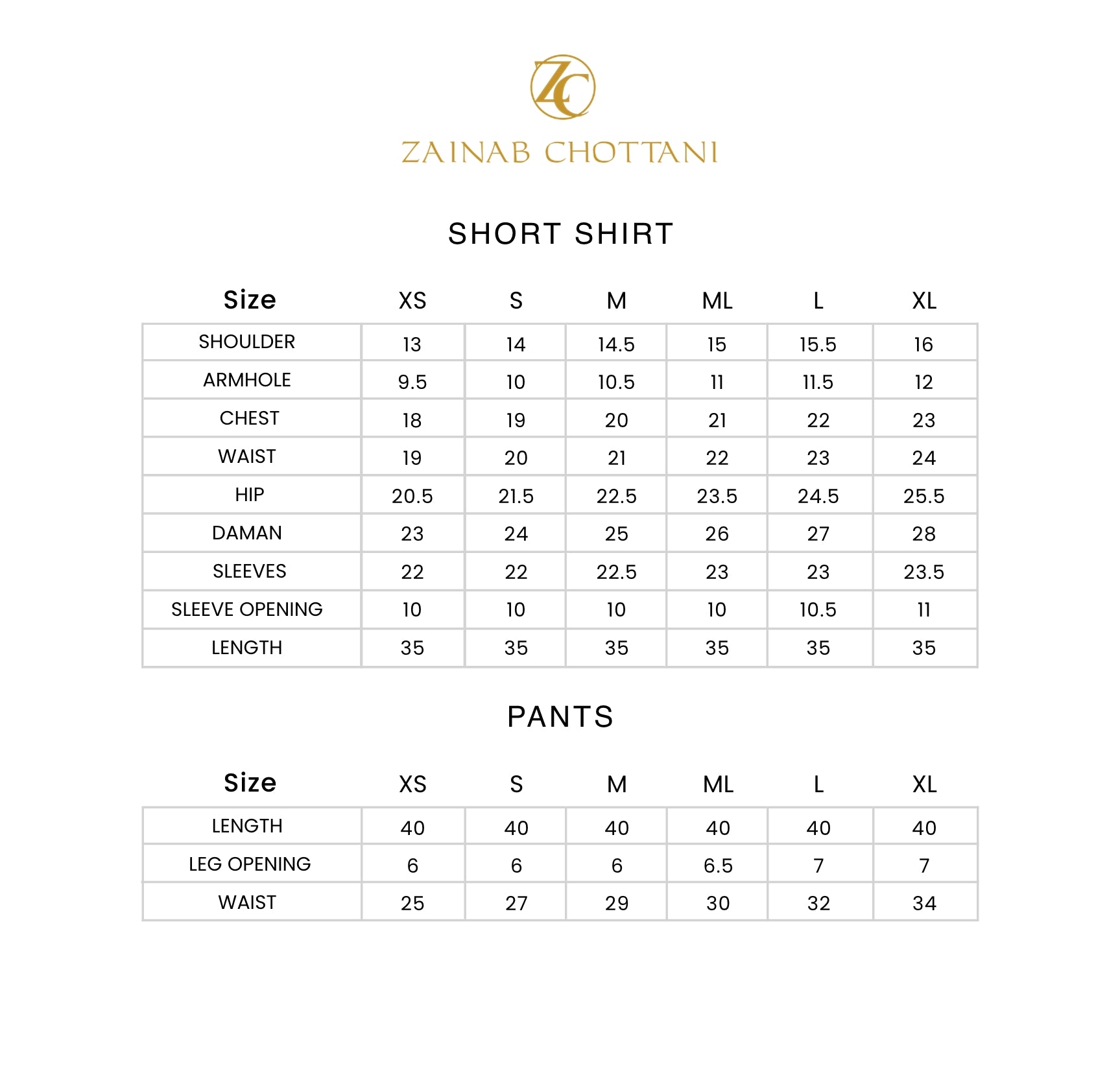 Zainab Chottani size guide