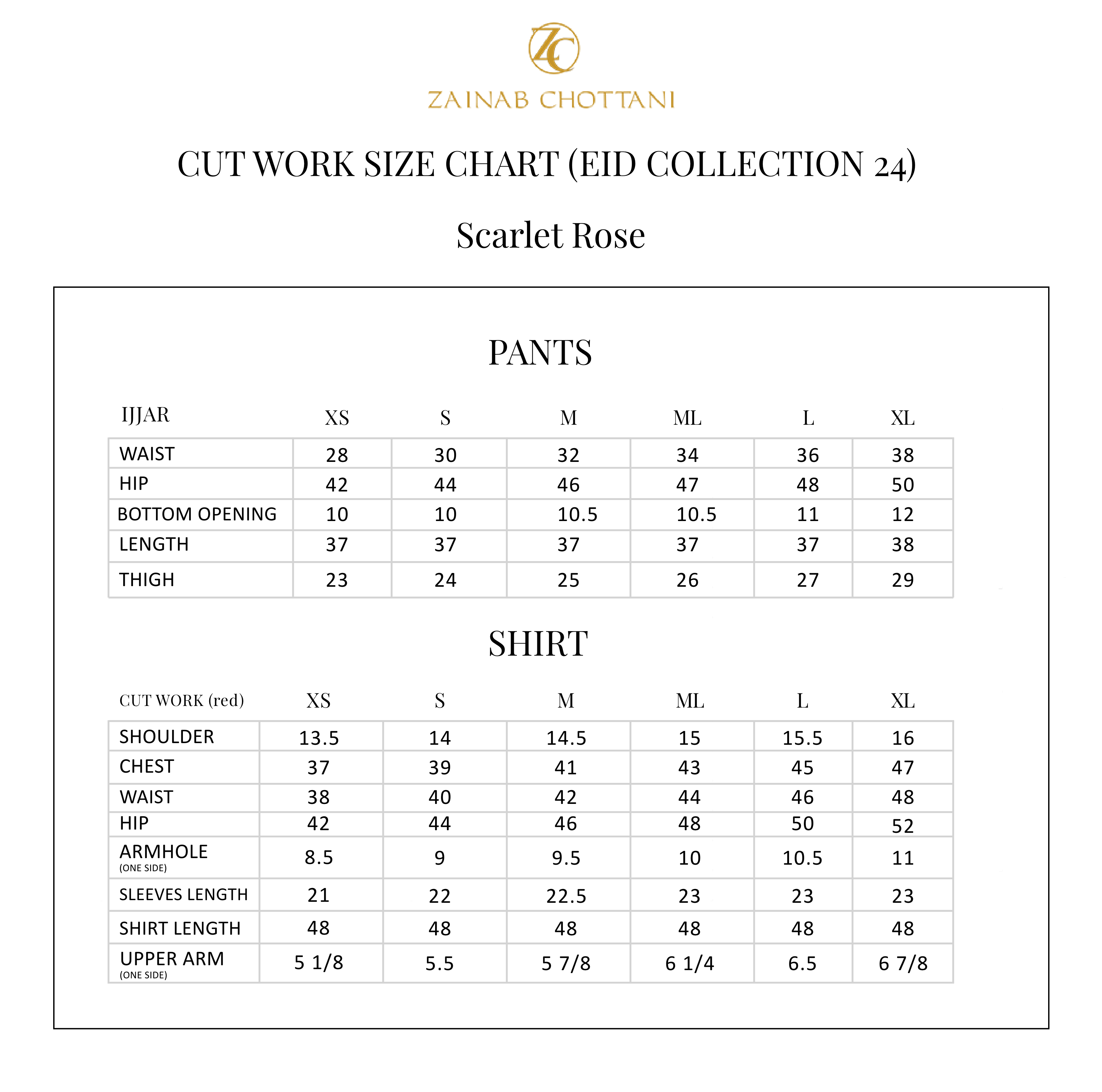 Zainab Chottani size guide