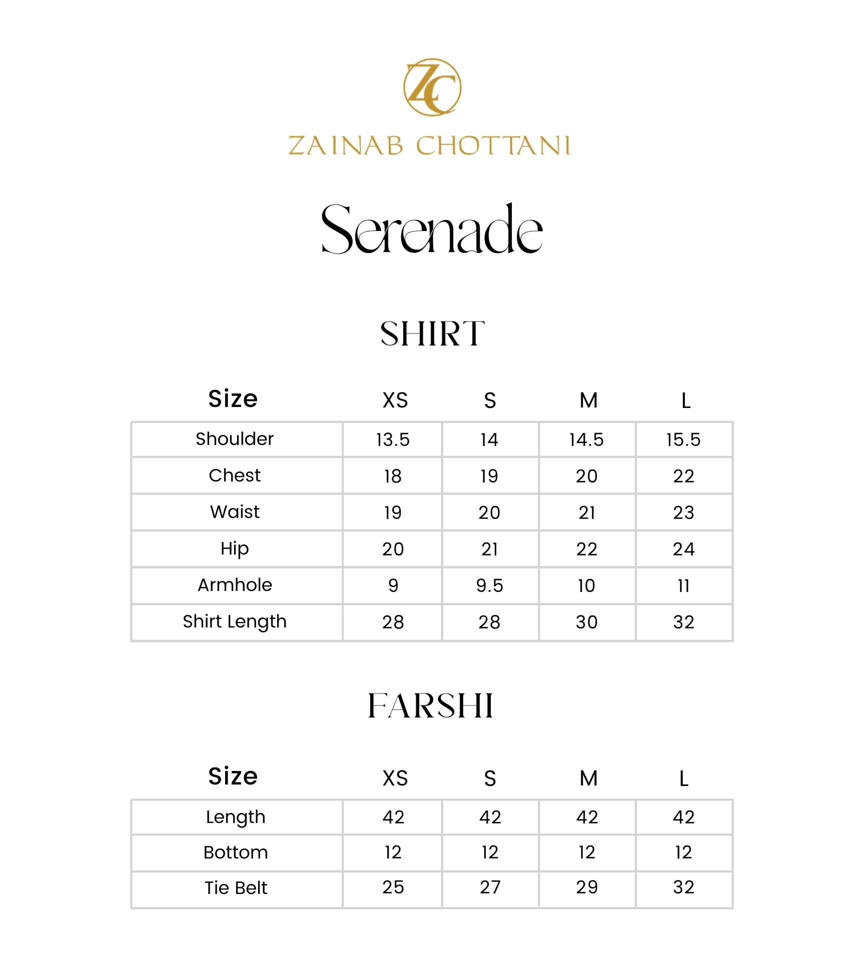 Zainab Chottani size guide