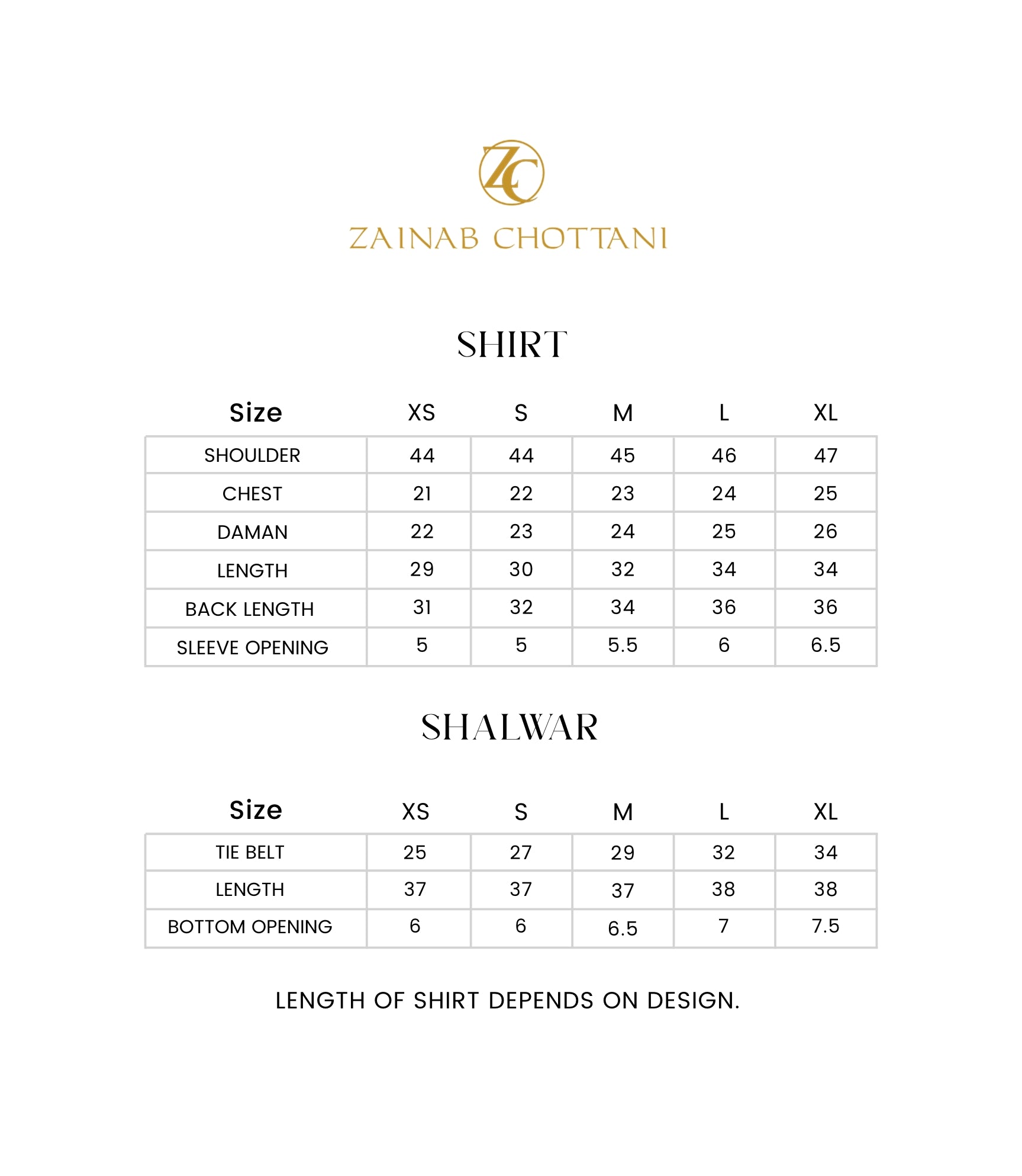 Zainab Chottani size guide