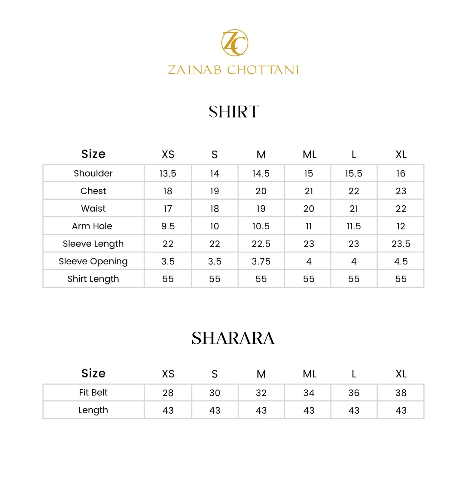 Zainab Chottani size guide