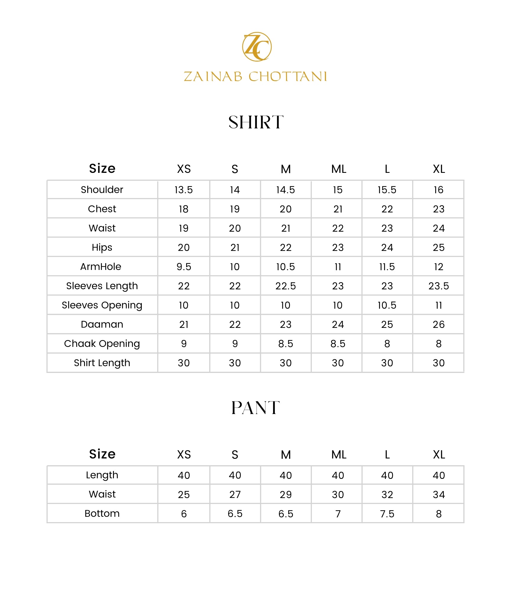 Zainab Chottani size guide