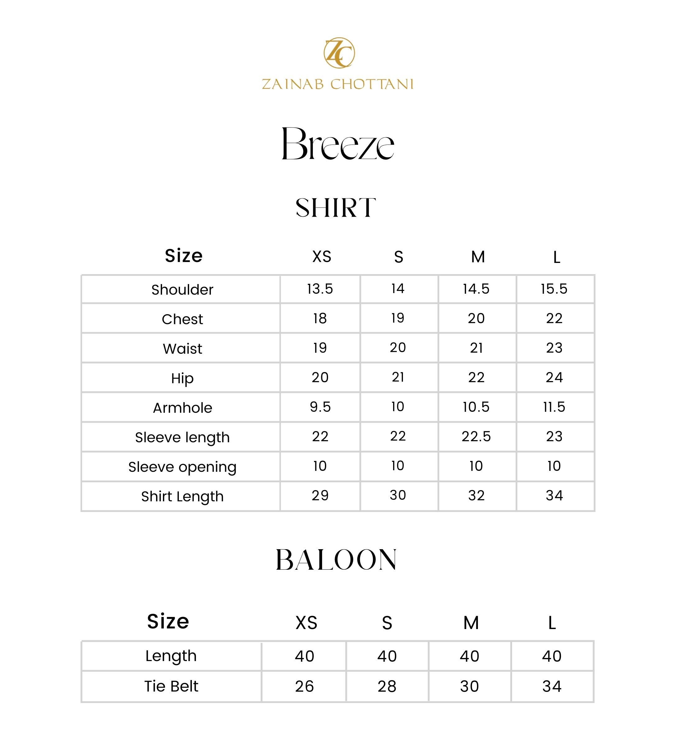Zainab Chottani size guide