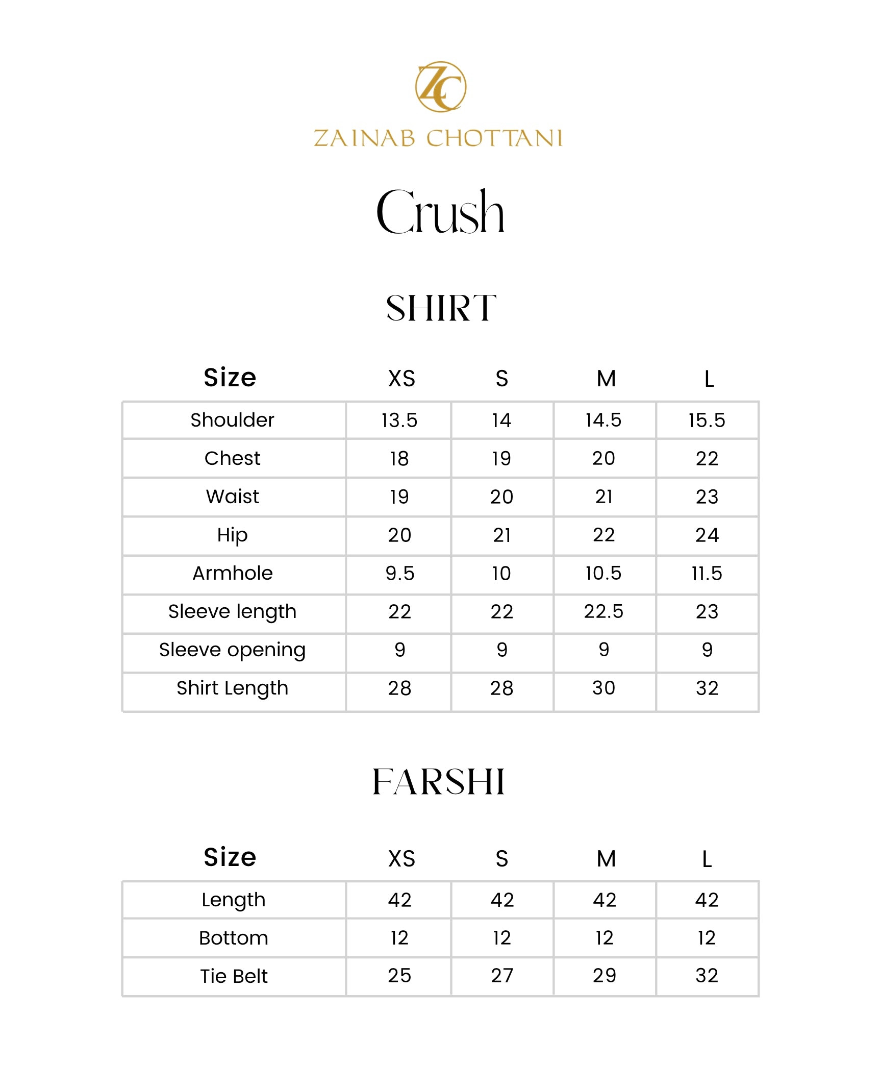 Zainab Chottani size guide
