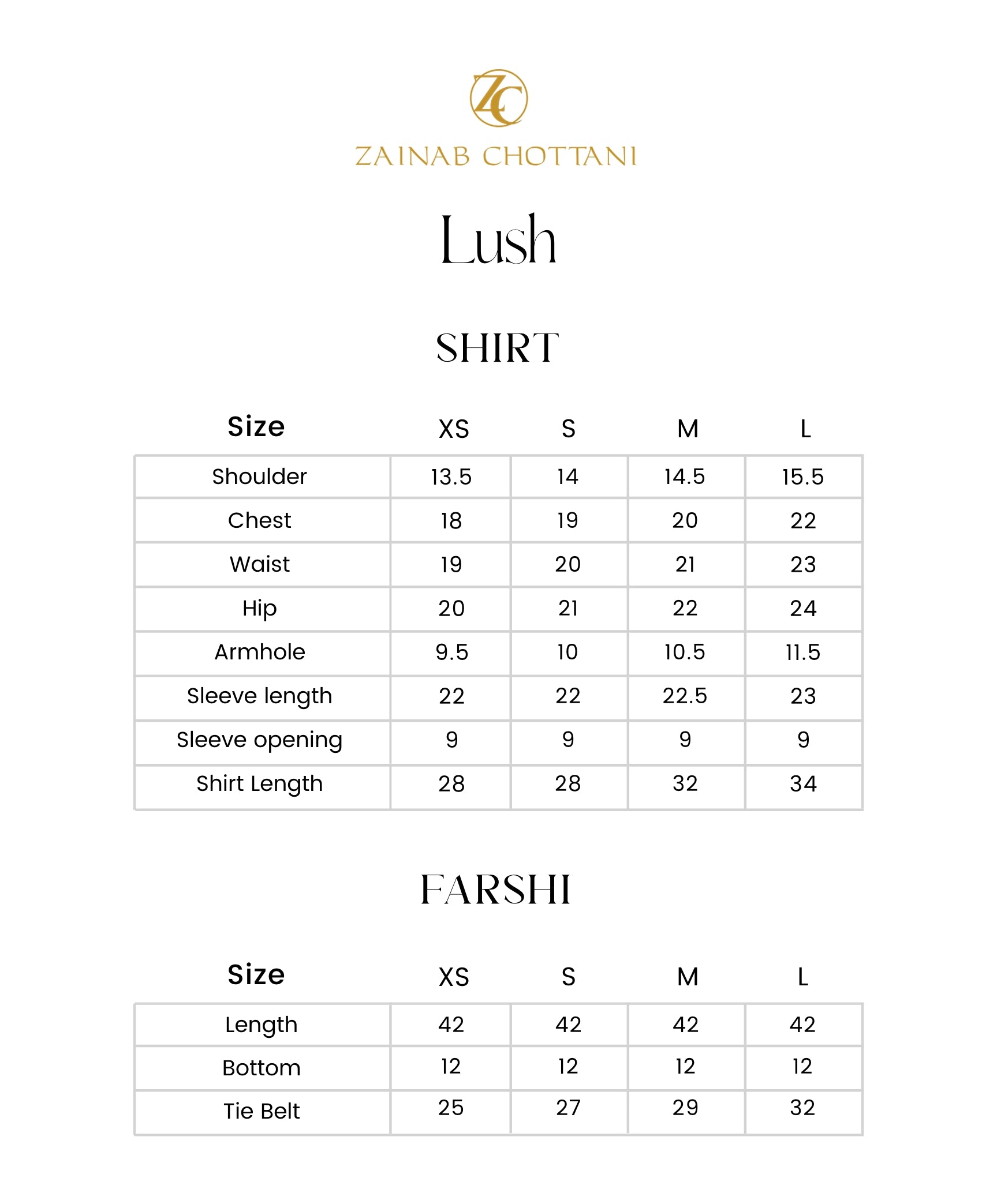 Zainab Chottani size guide