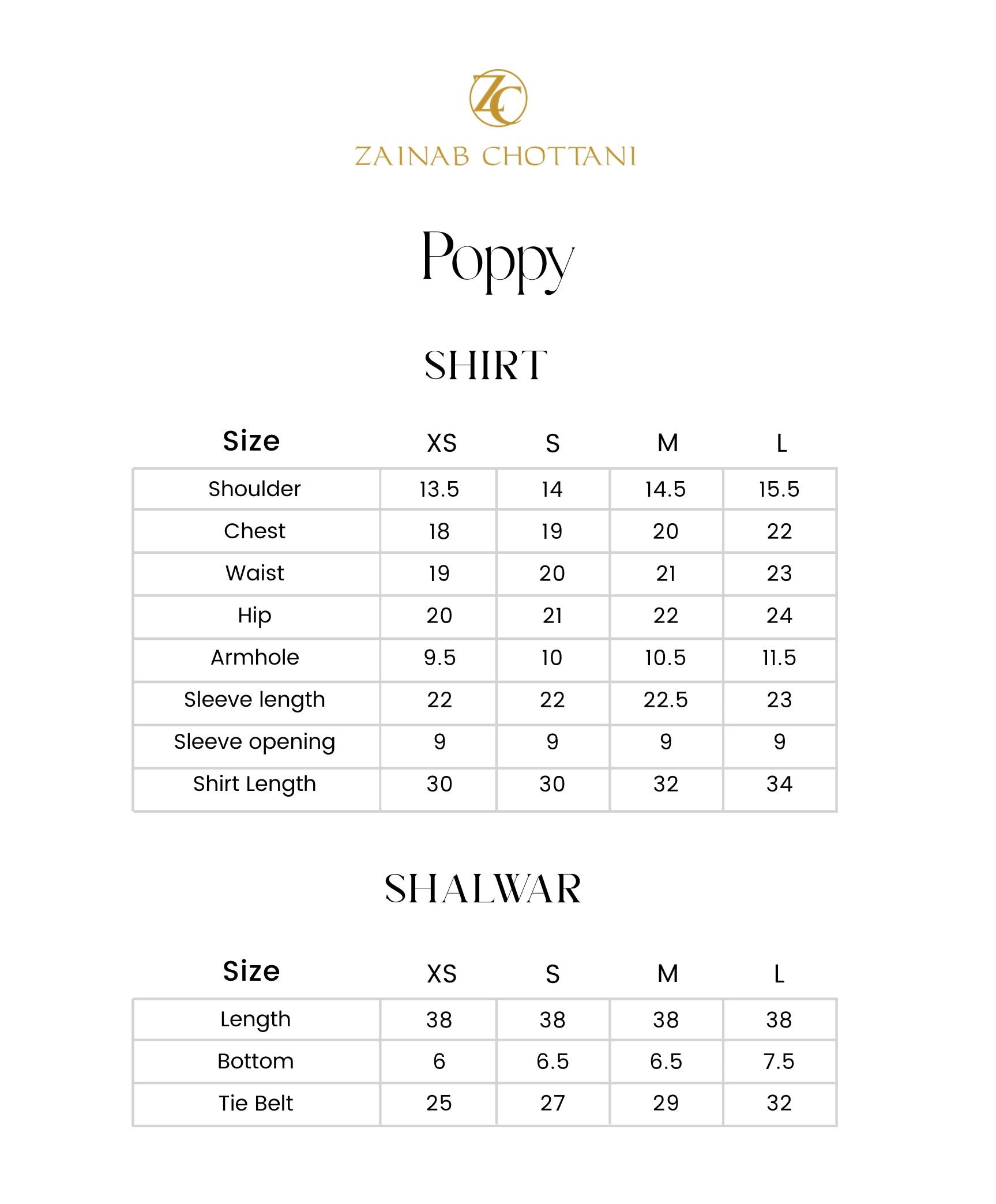 Zainab Chottani size guide