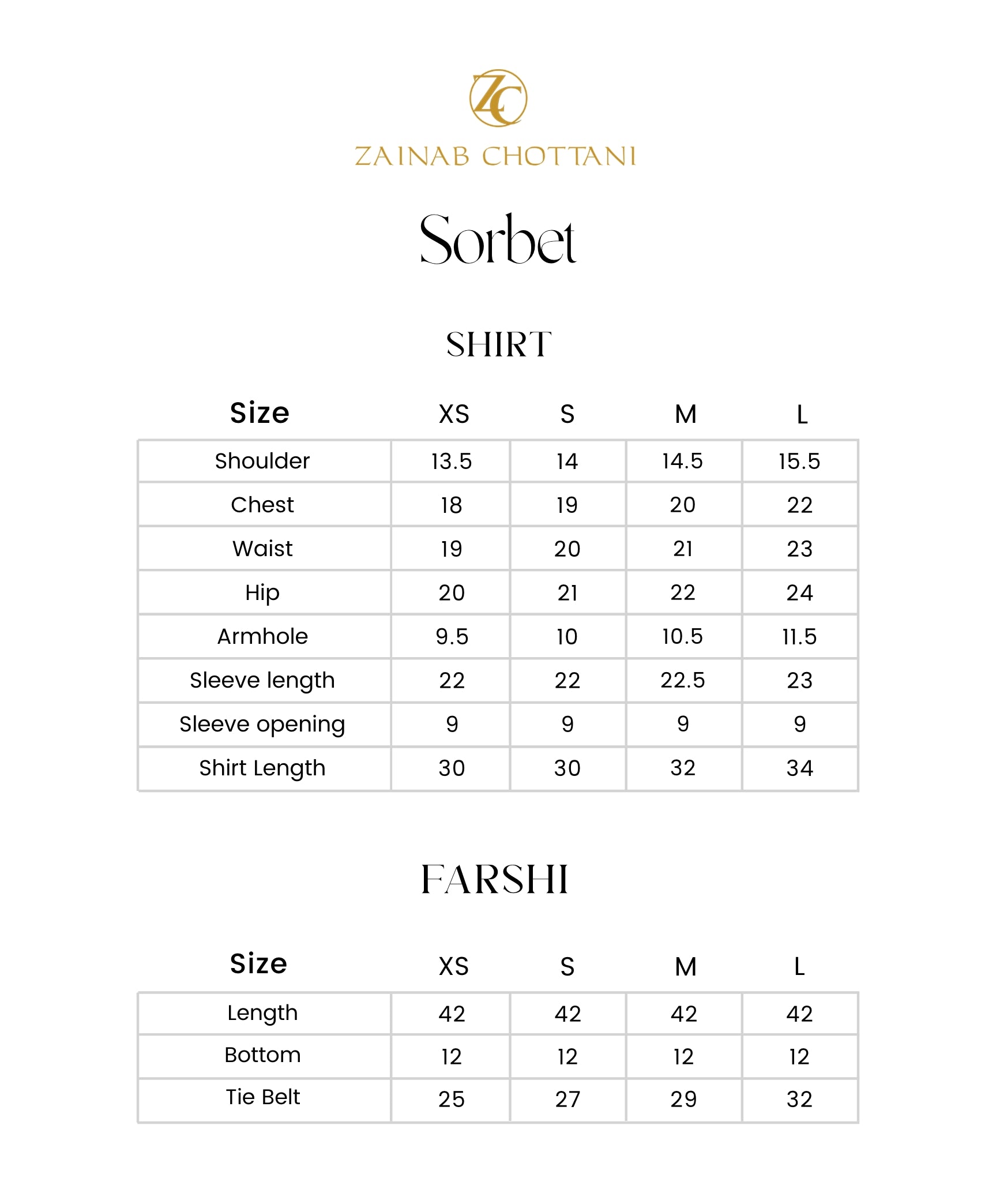 Zainab Chottani size guide