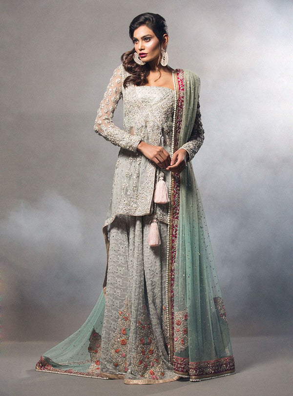 Ash Grey Short Angarkha With Mint Dupatta