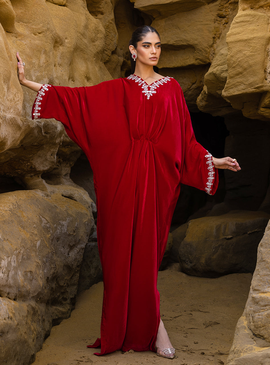 fitted lace wedding dress Crimson Red Kaftan Dress Scoop Neck Batwing Sleeves – Reflektion Design